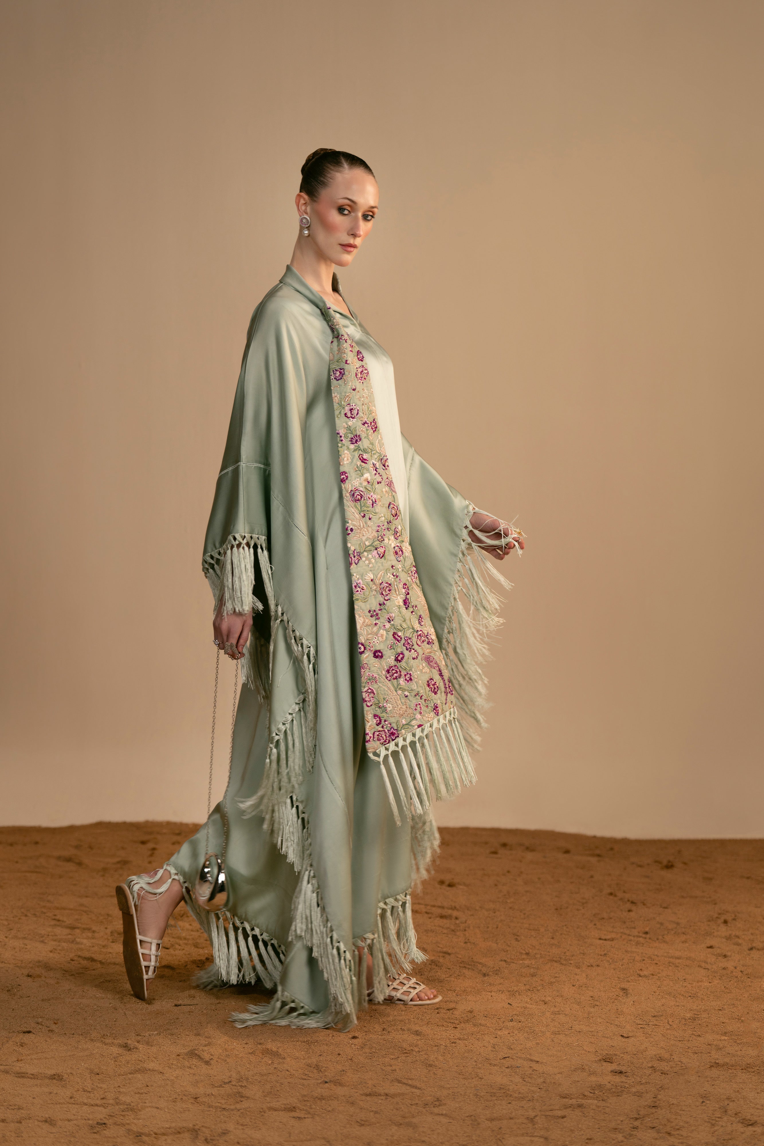 satin silk Kaftan in Sage green
