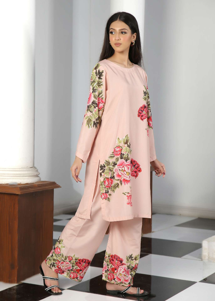 poly lawn Co Ord Sets in Peach pink