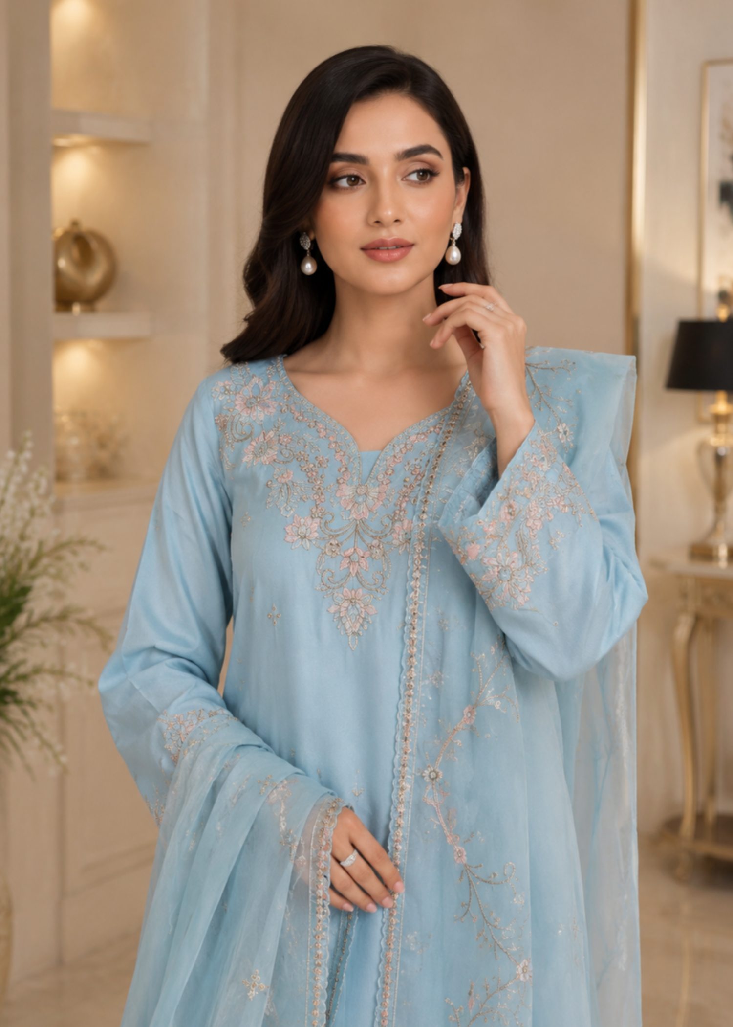 silk Kurta Set in Ice blue