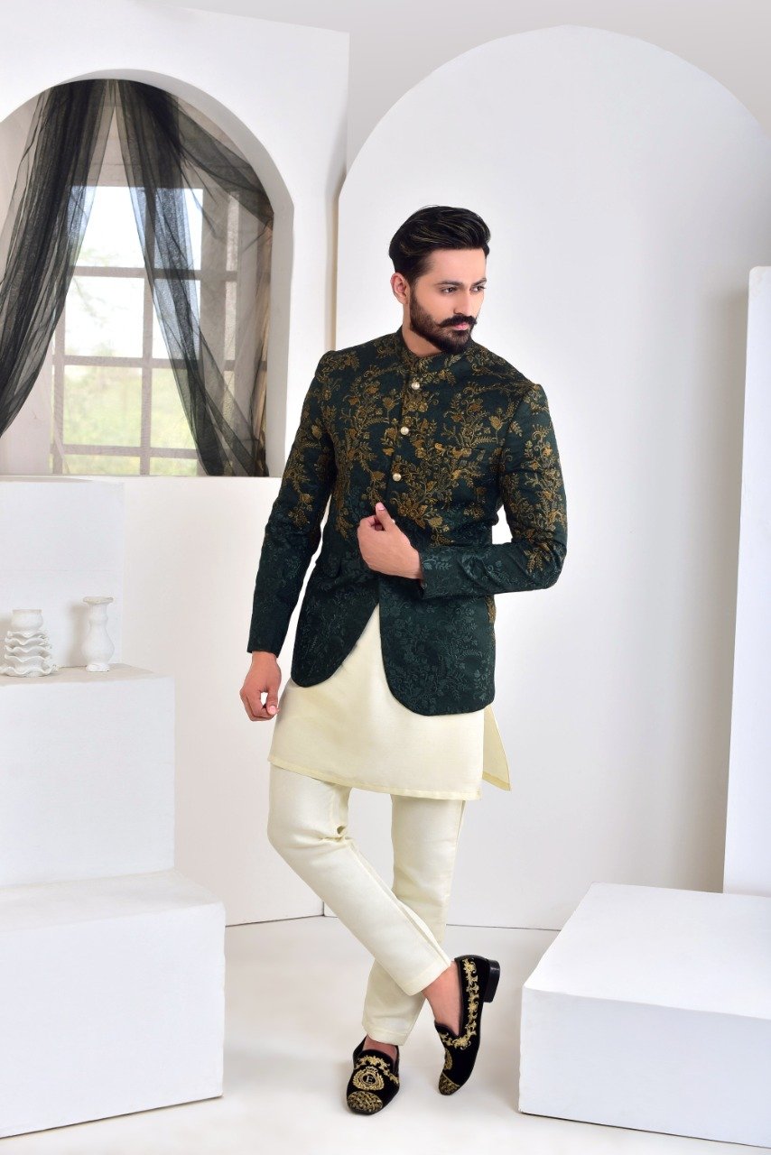 banarsi silk Prince Coat in Green