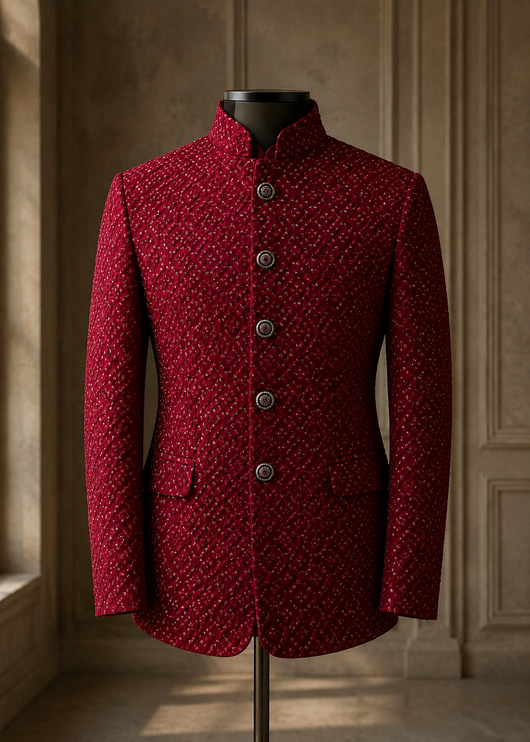 raw silk Prince Coat in Red, maroon