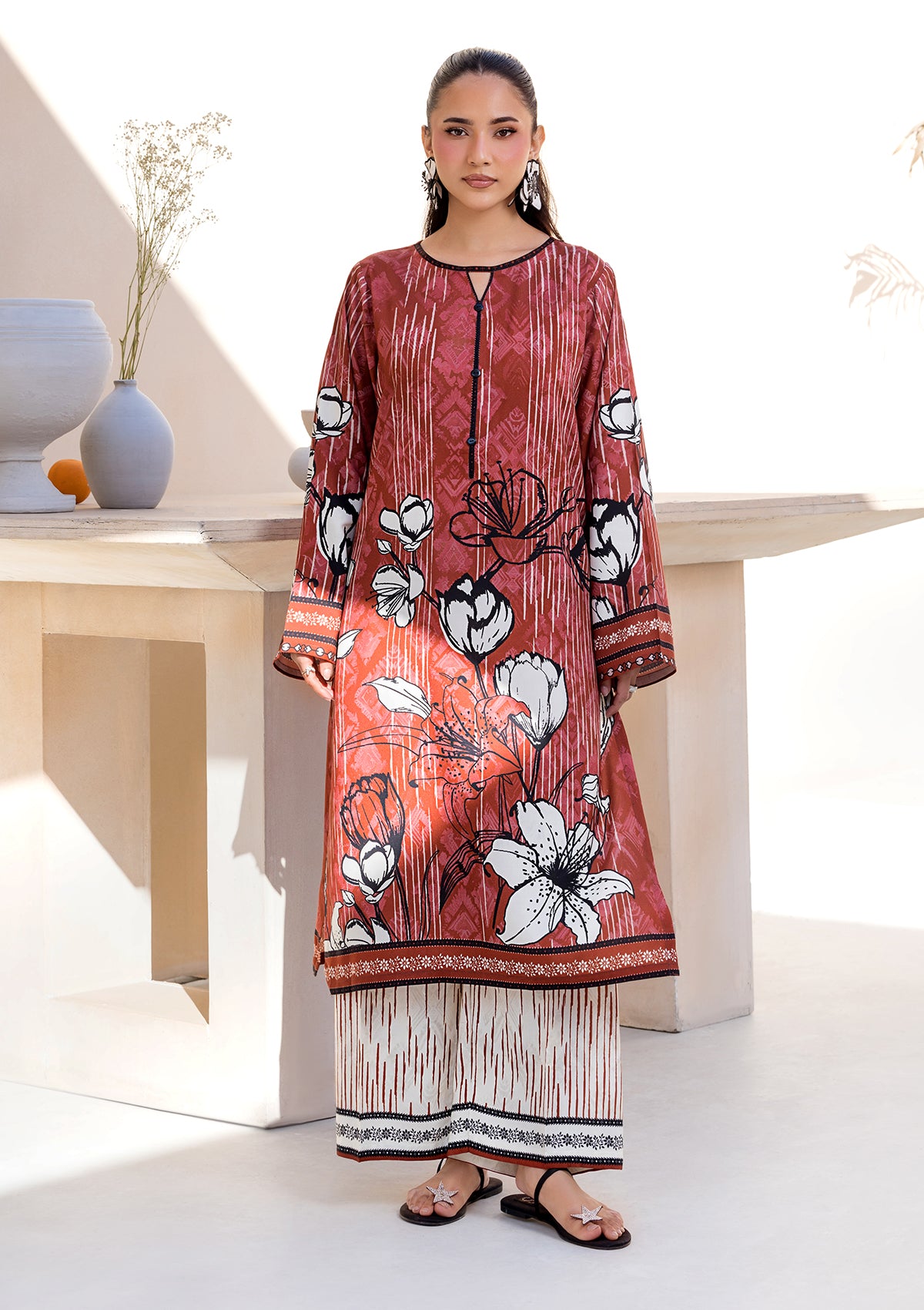lawn Kurta Set in Rust red