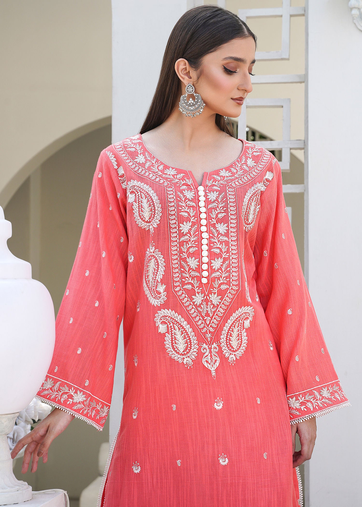 cotton karandi Kurta Set in Coral pink
