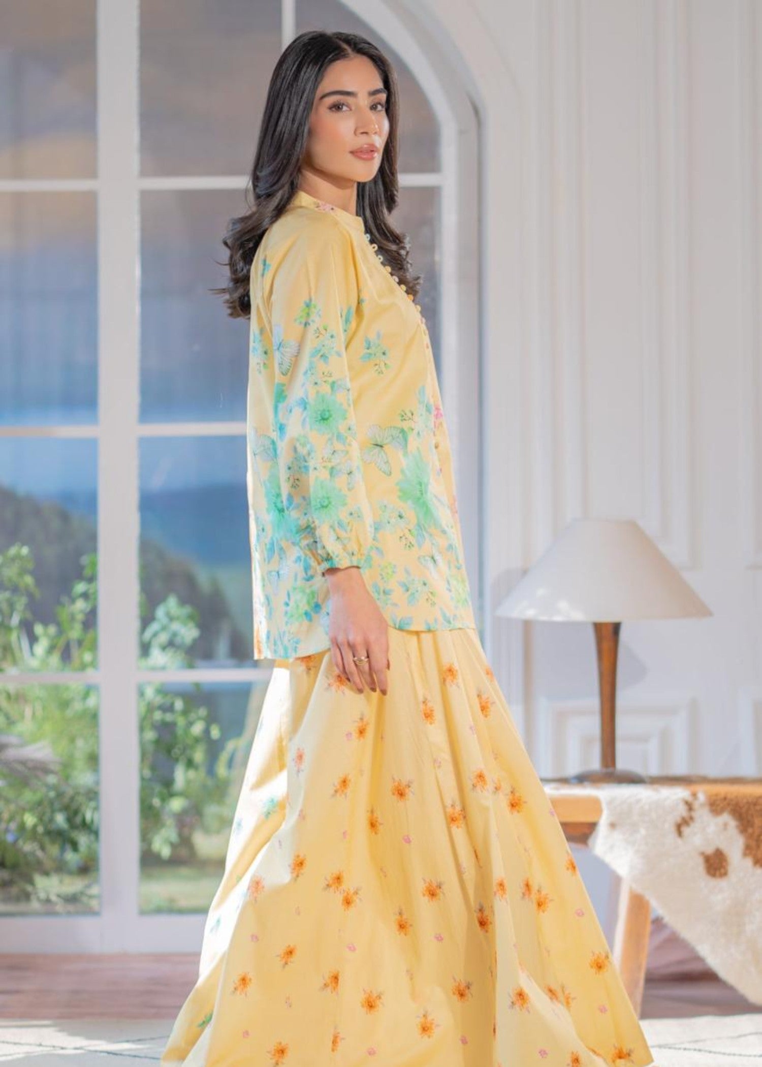 poly lawn Kurta Set in Mellow yellow
