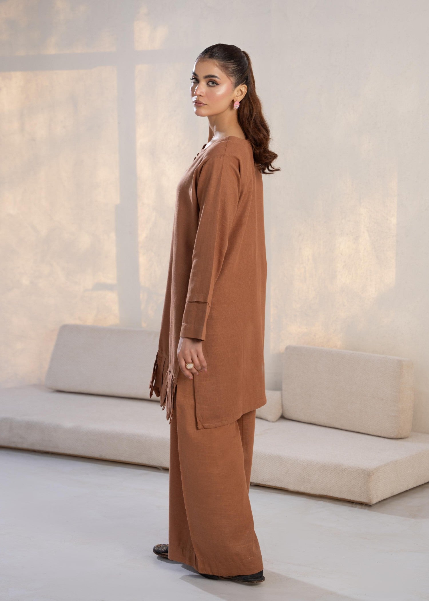 slub khaddar Kurta Set in Coffee brown