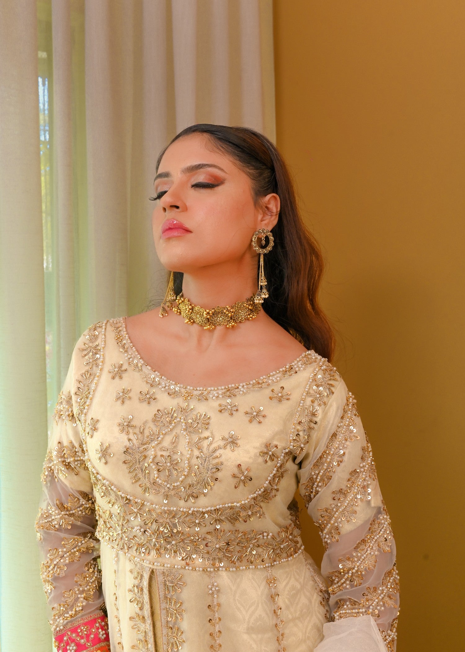 zari embroidered organza Pishwas in Ivory