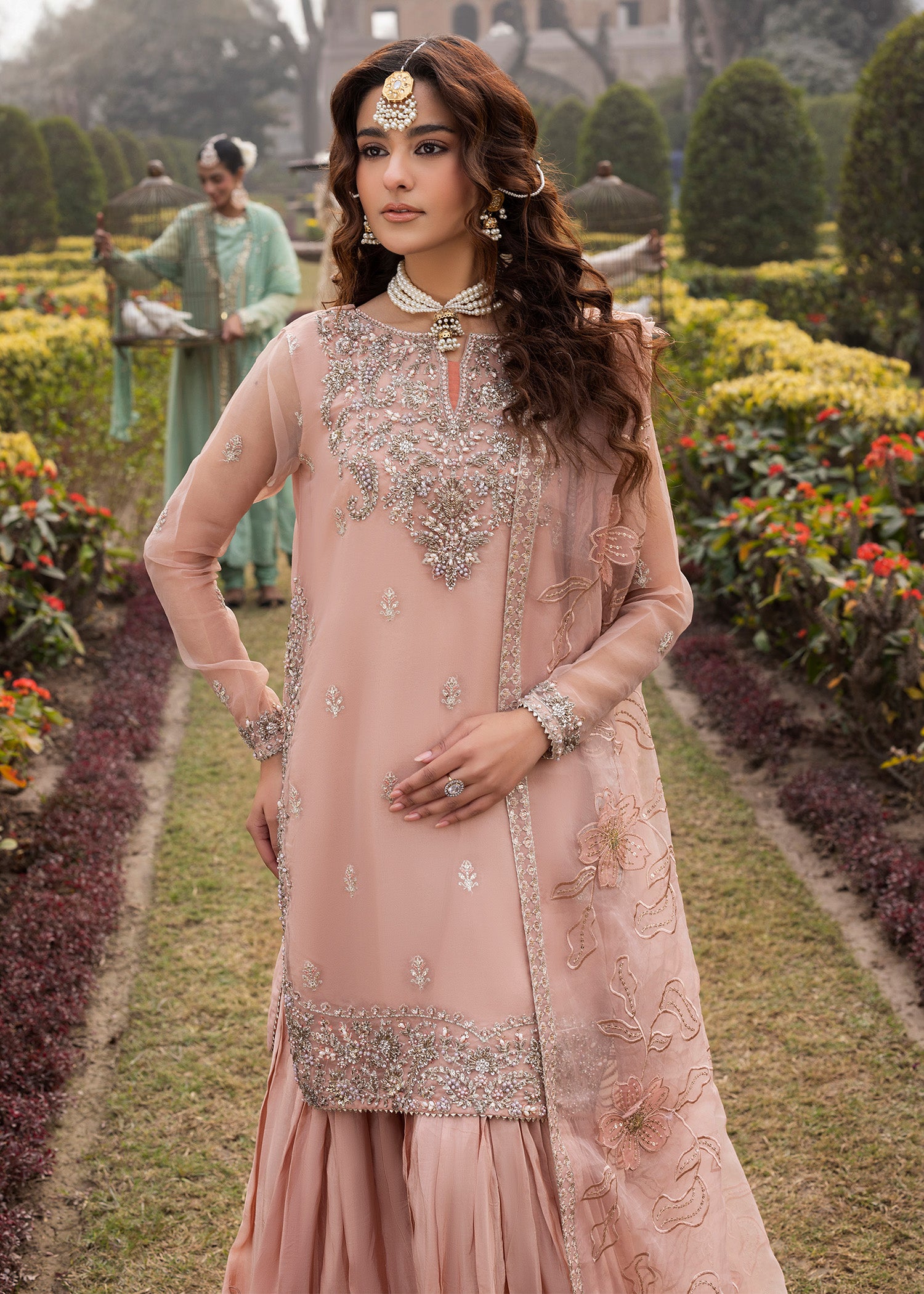 organza Gharara in Peach orange