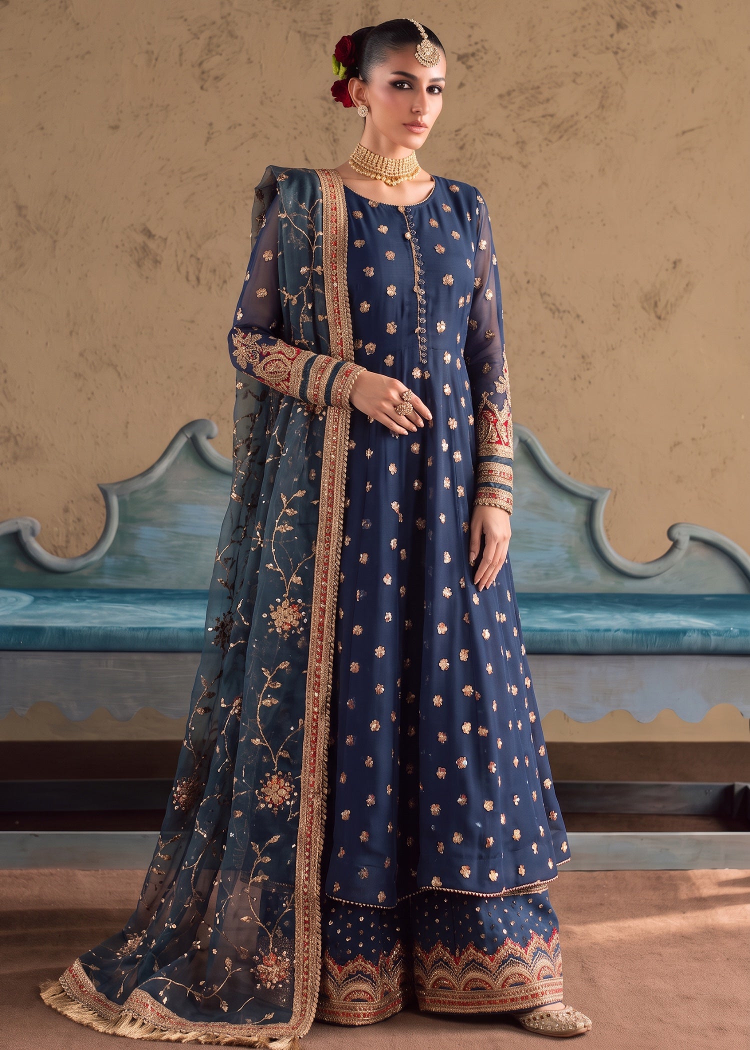 chiffon Pishwas in Cobalt blue