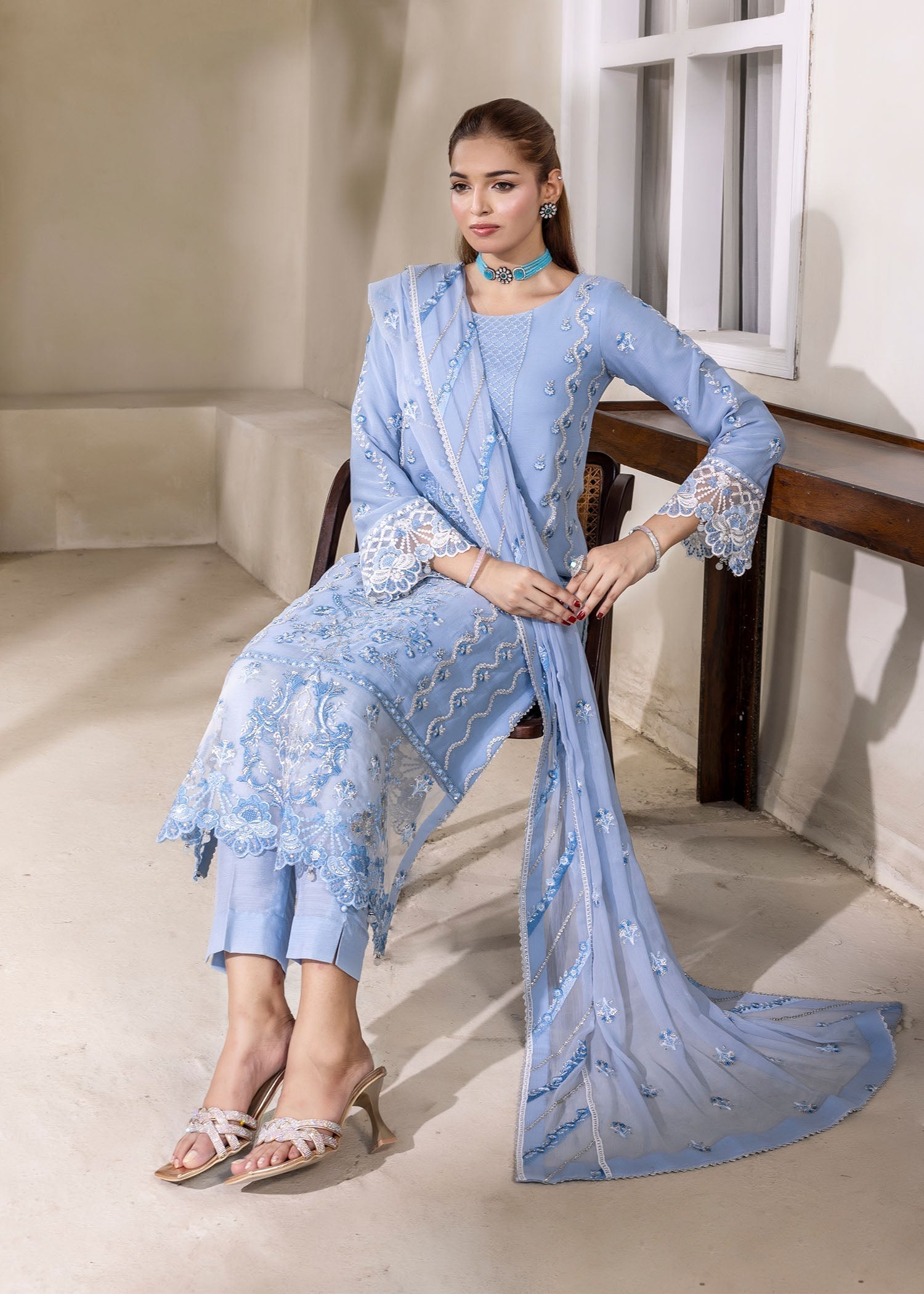 chiffon silk Kurta Set in Powder blue