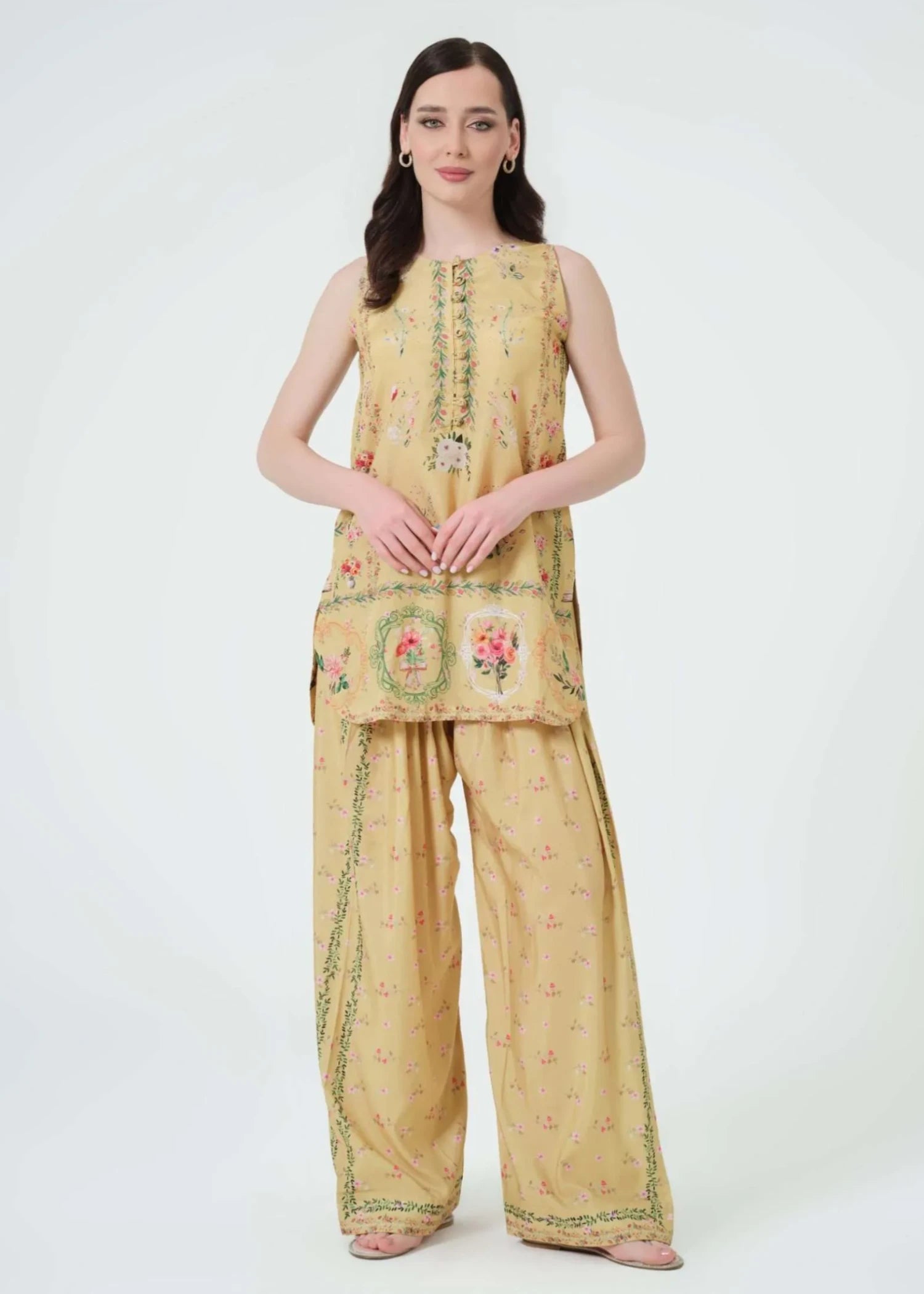 swiss lawn Kurta Set in Mellow yellow