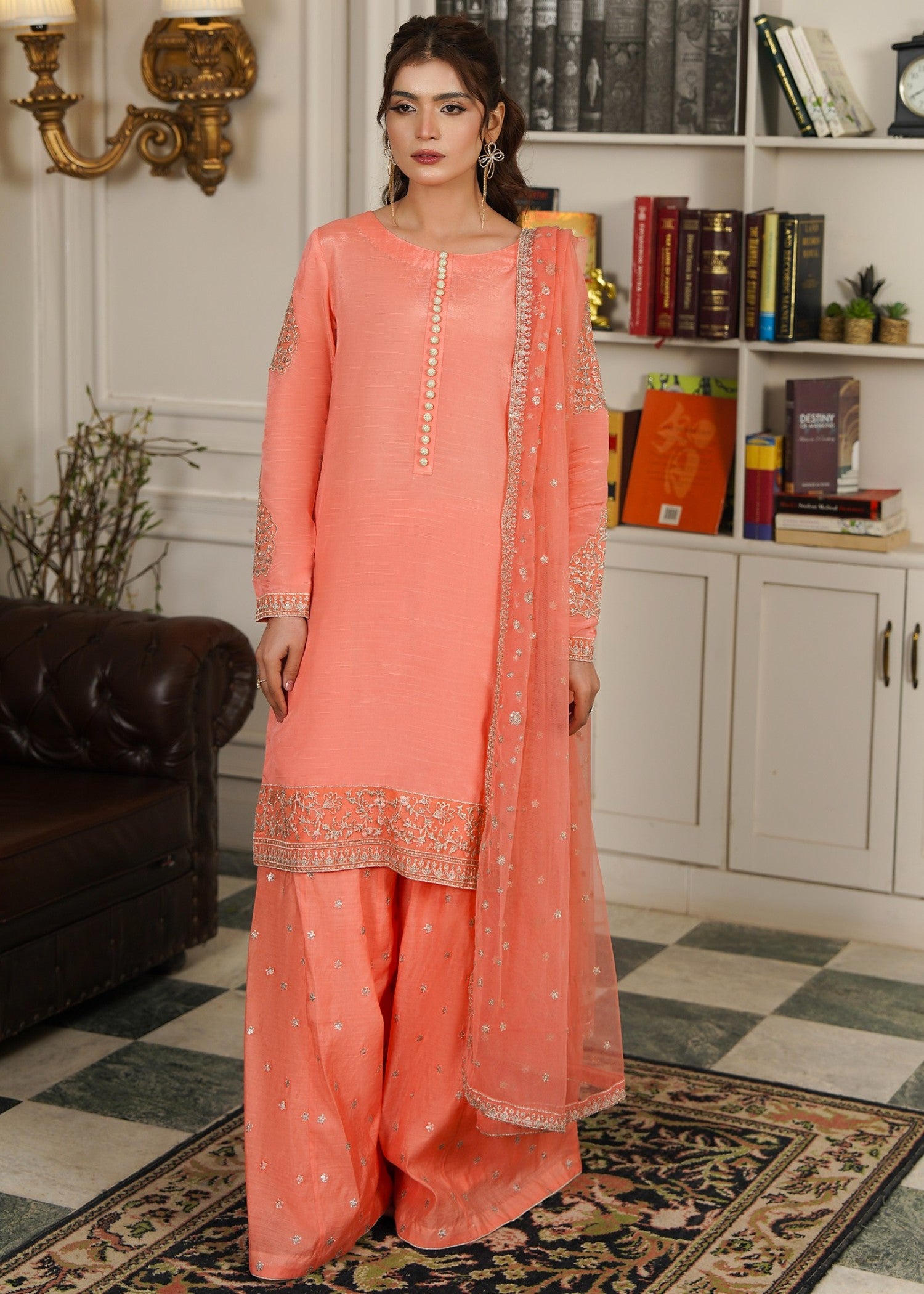 raw silk Sharara in Peach pink