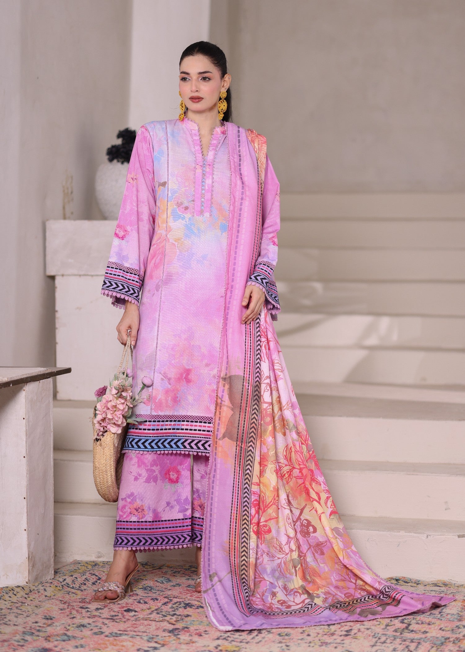 khaddar Kurta Set in Pastel pink