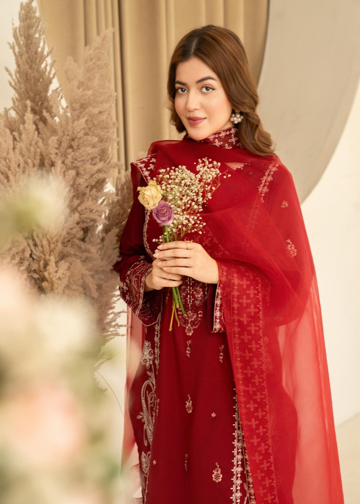 lawn cotton Kurta Set in Chili red