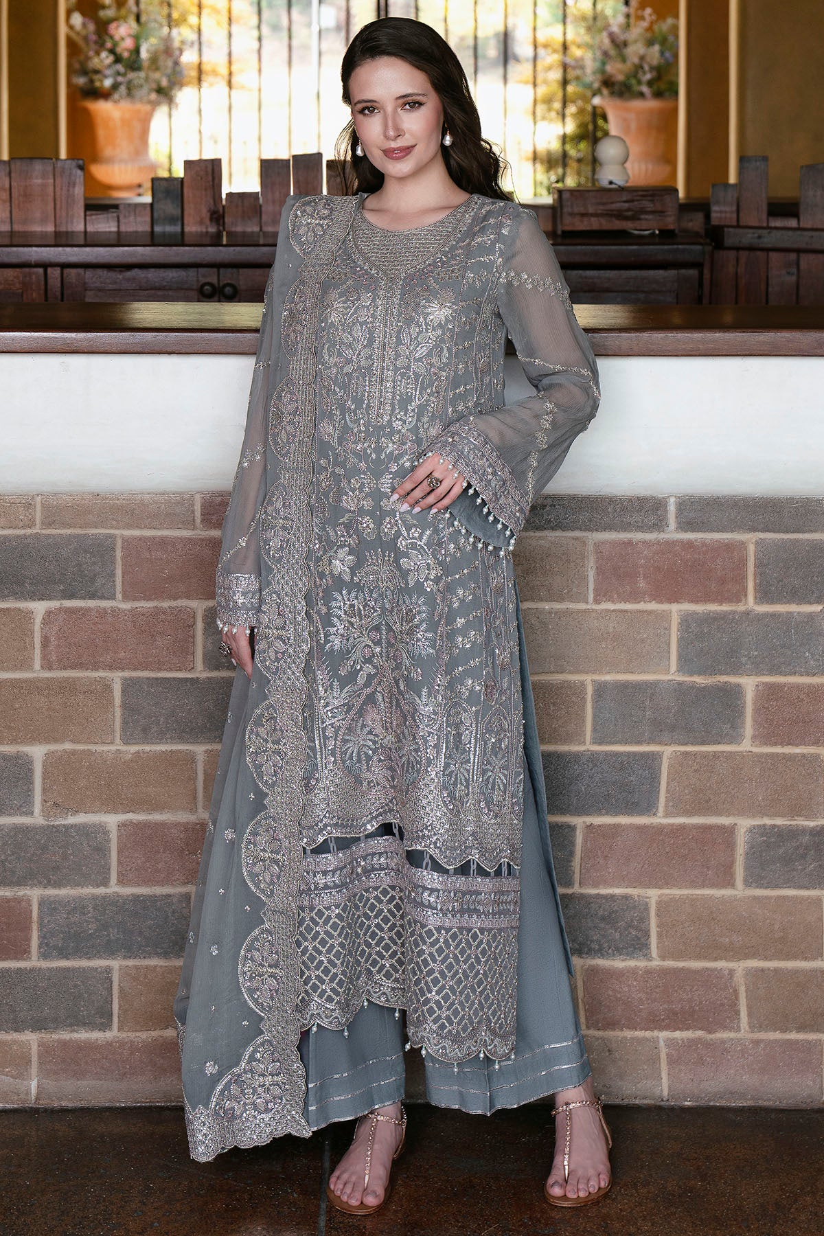 crinkle chiffon Kurta Set in Ash grey