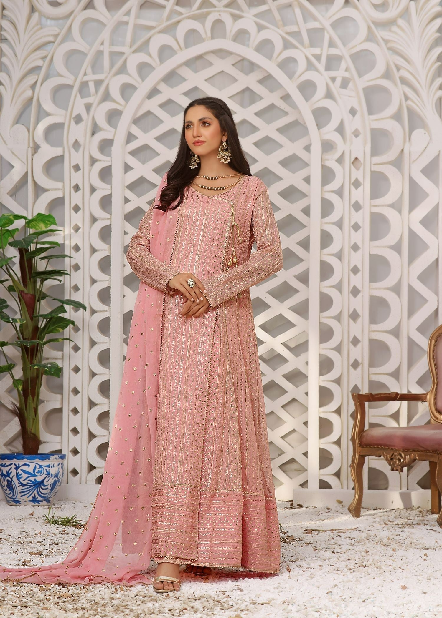 chiffon Angrakha in Baby pink