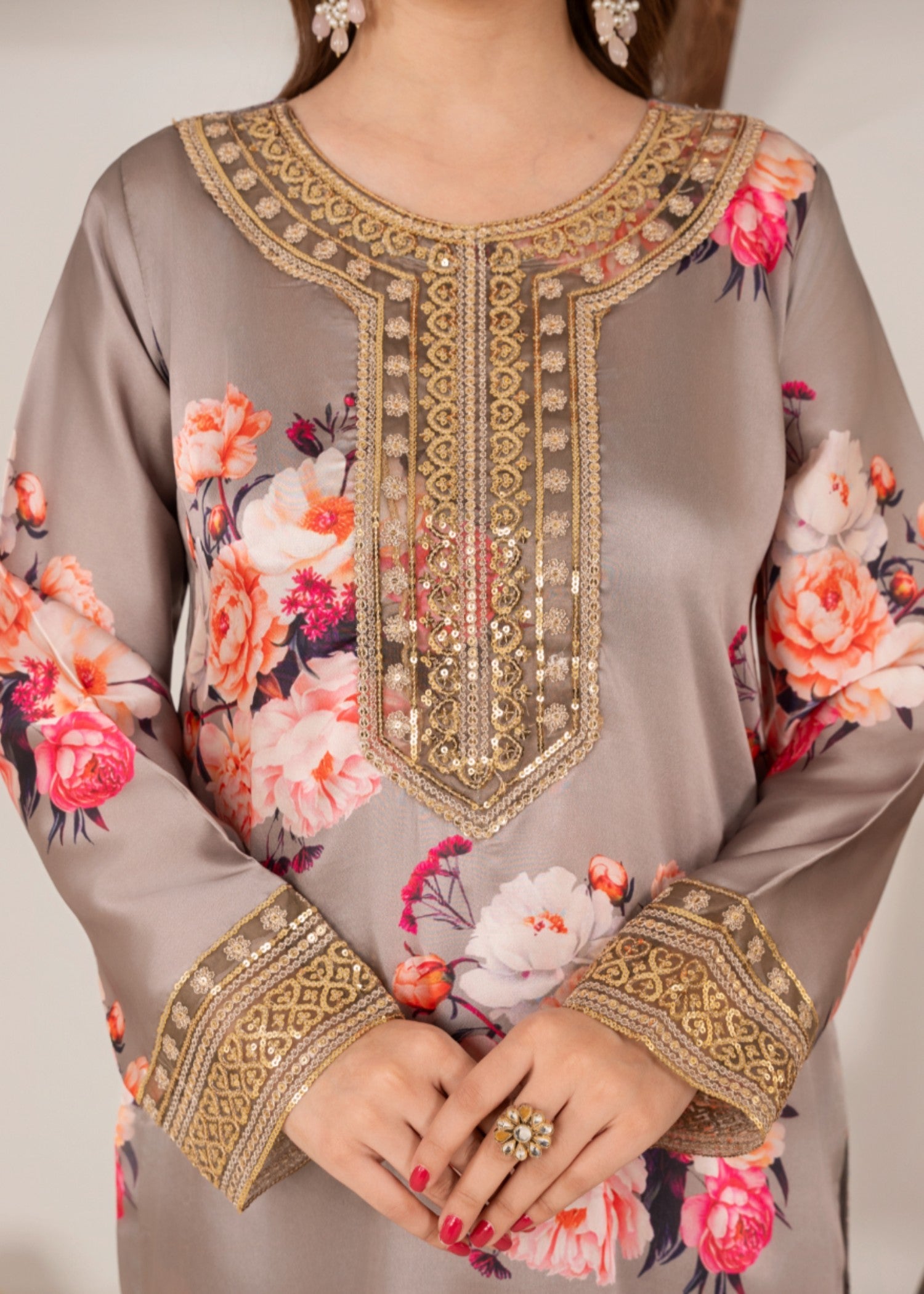 silk charmeuse Kurta Set in Light grey