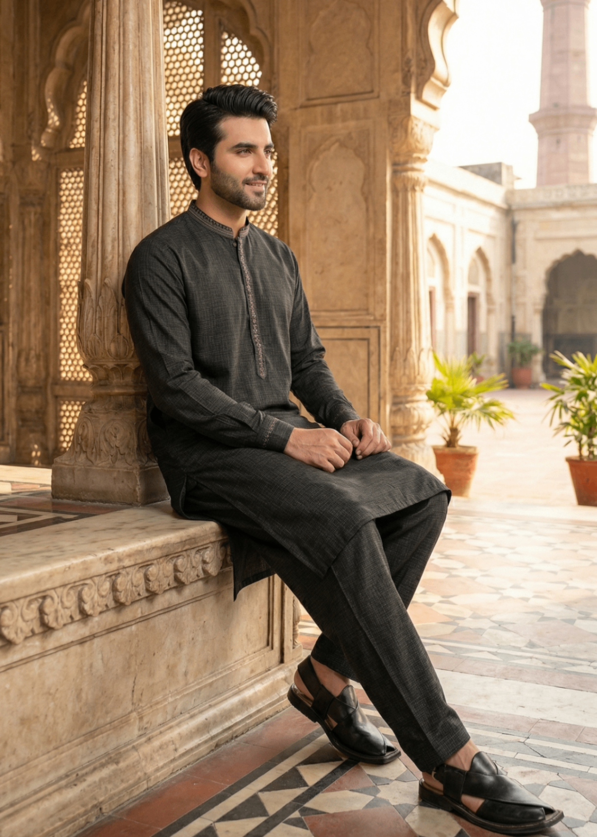 textured wash & wear Kurta Set in Iron grey