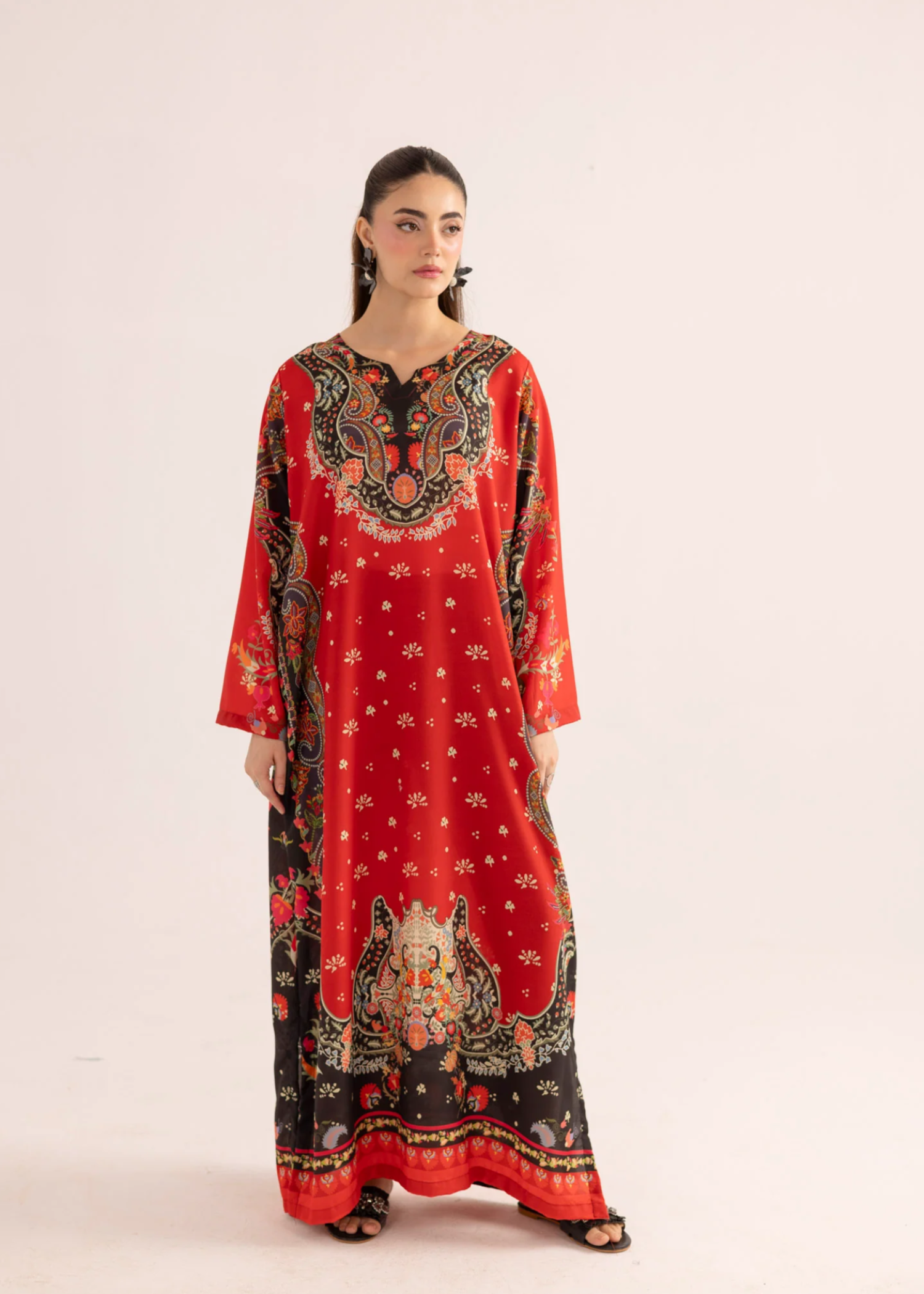 silk finish lawn Kaftan in Sunset orange