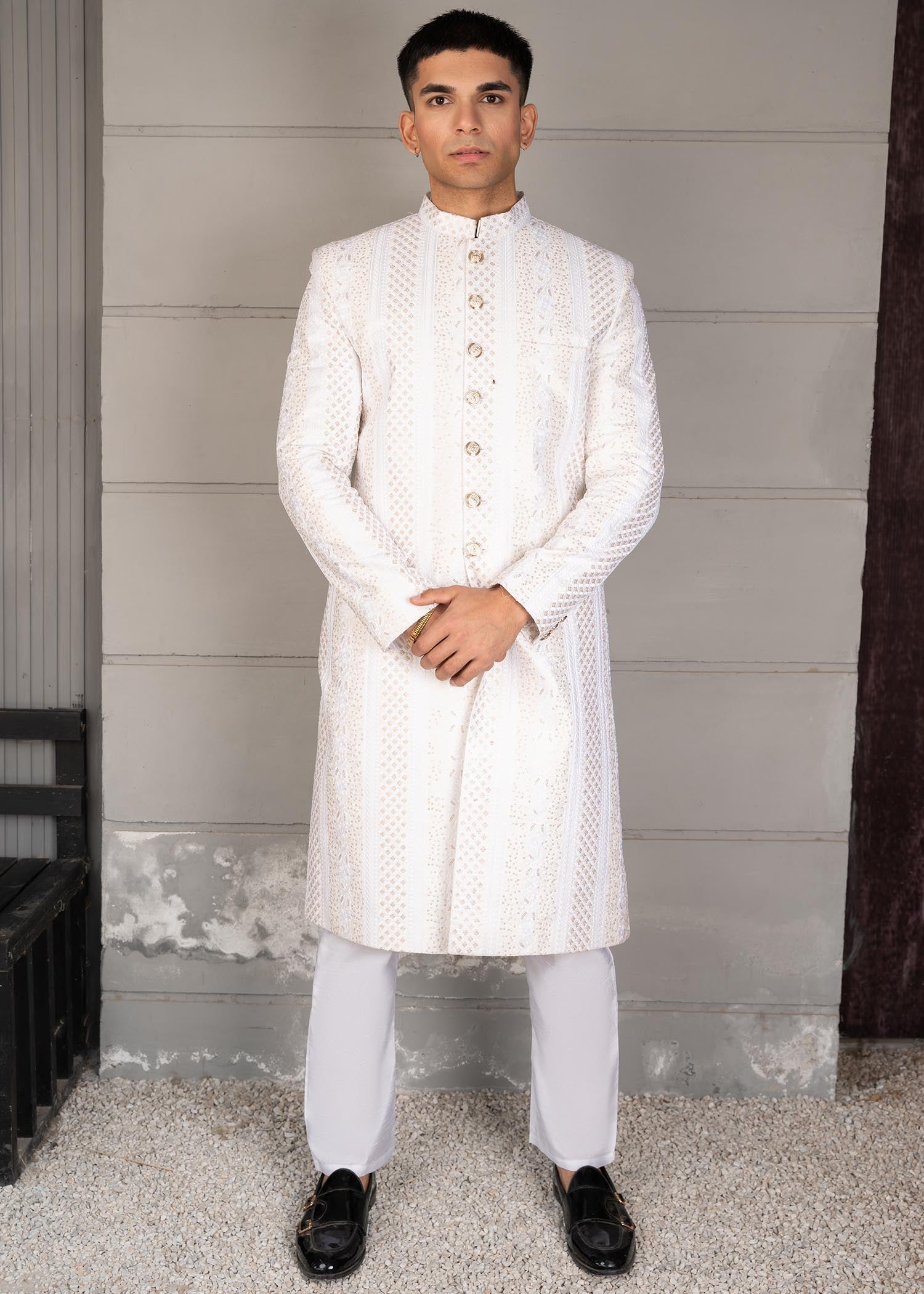 silk Sherwani in White by Dress Designers