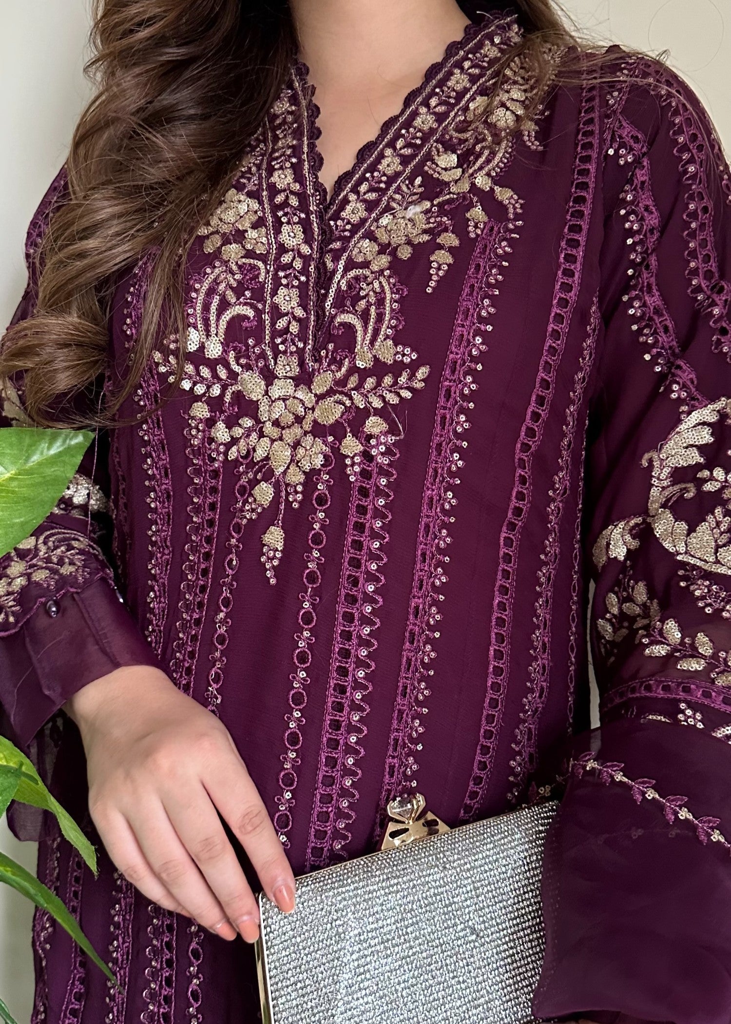 chiffon Kurta Set in Plum purple
