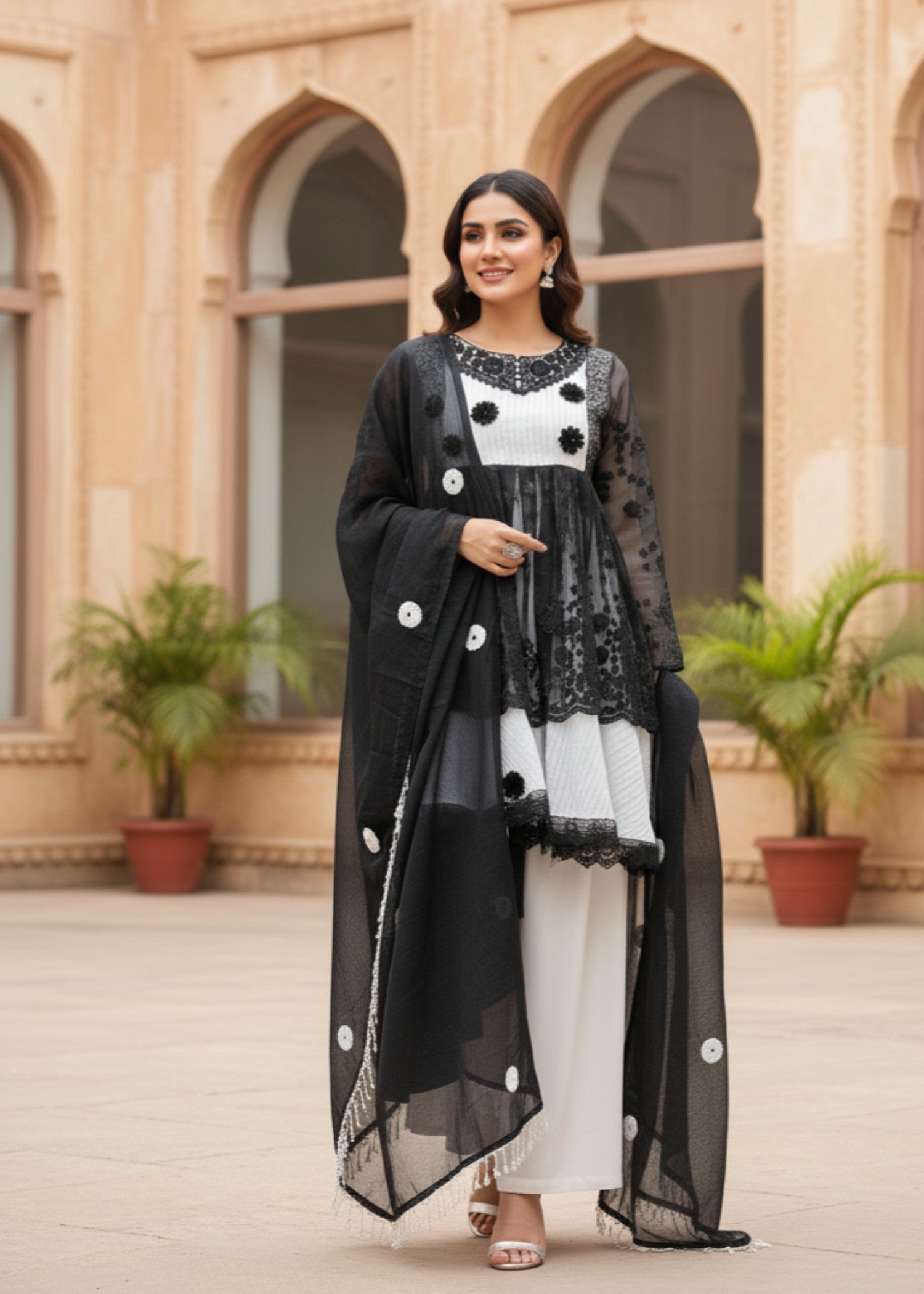 satin silk Short Frock in White, black