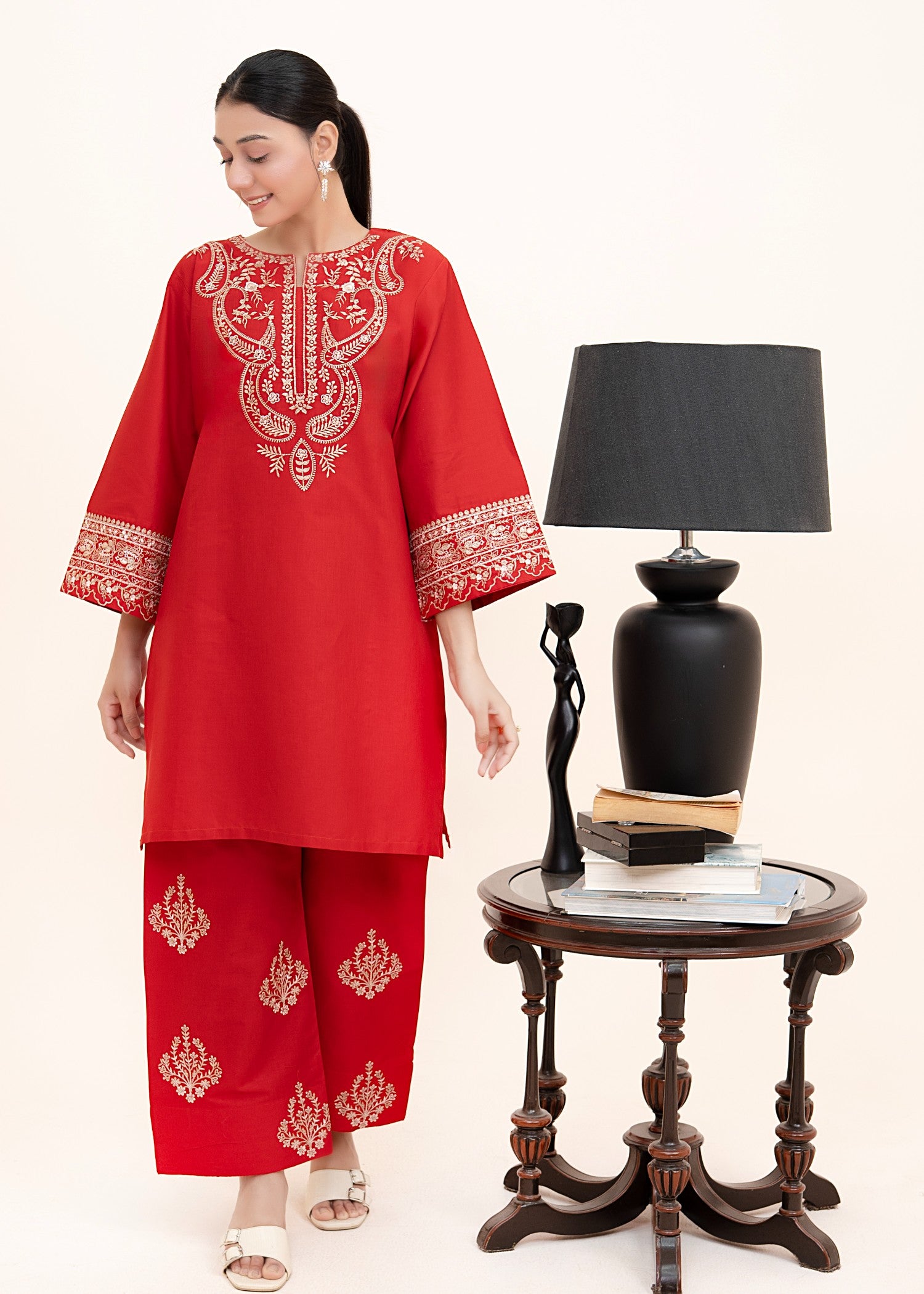 lawn cotton Kurta Set in Red
