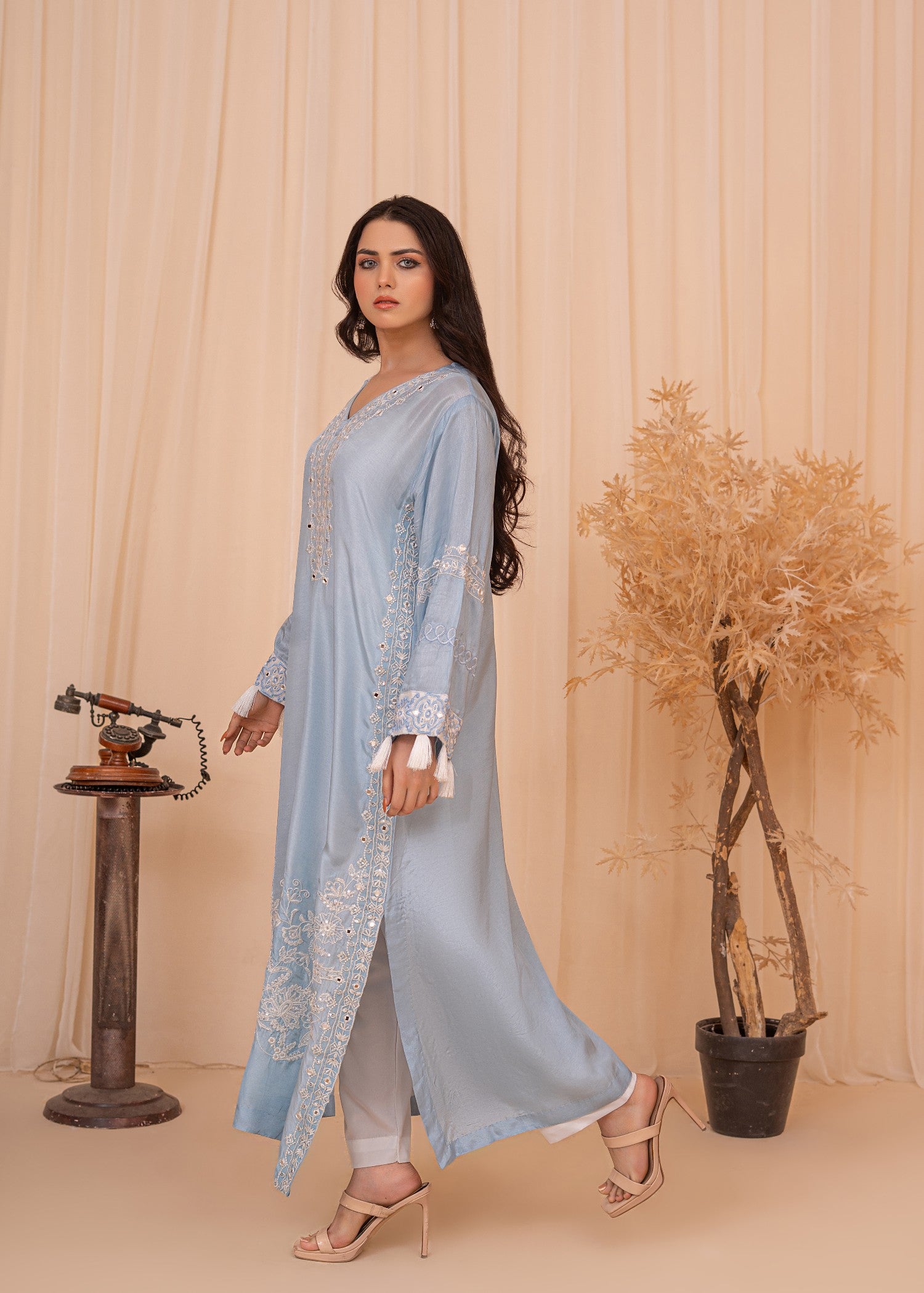 silk Kaftan in White, powder blue