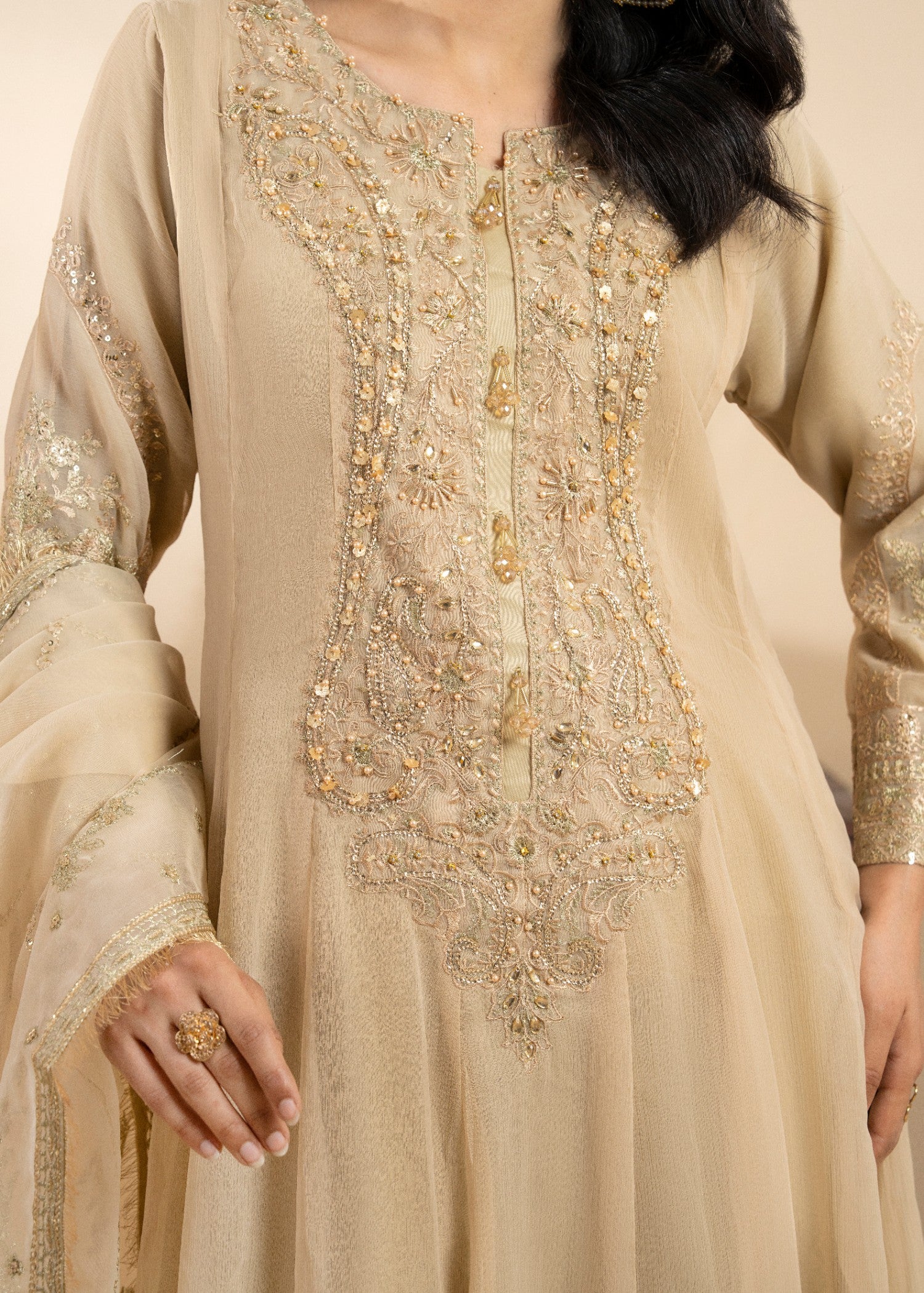 crinkle chiffon Pishwas in Beige