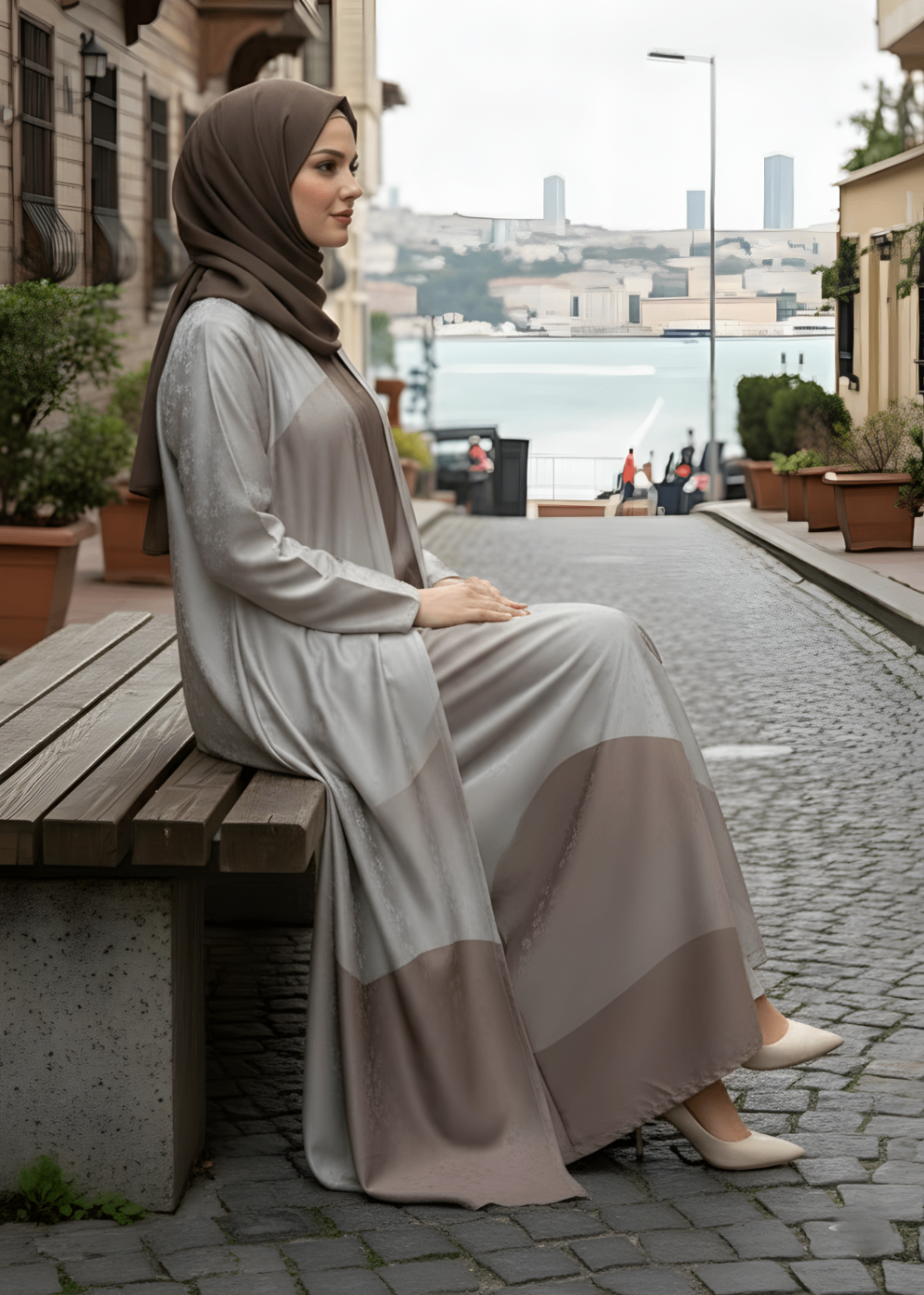 jacquard georgette Abaya in Beige