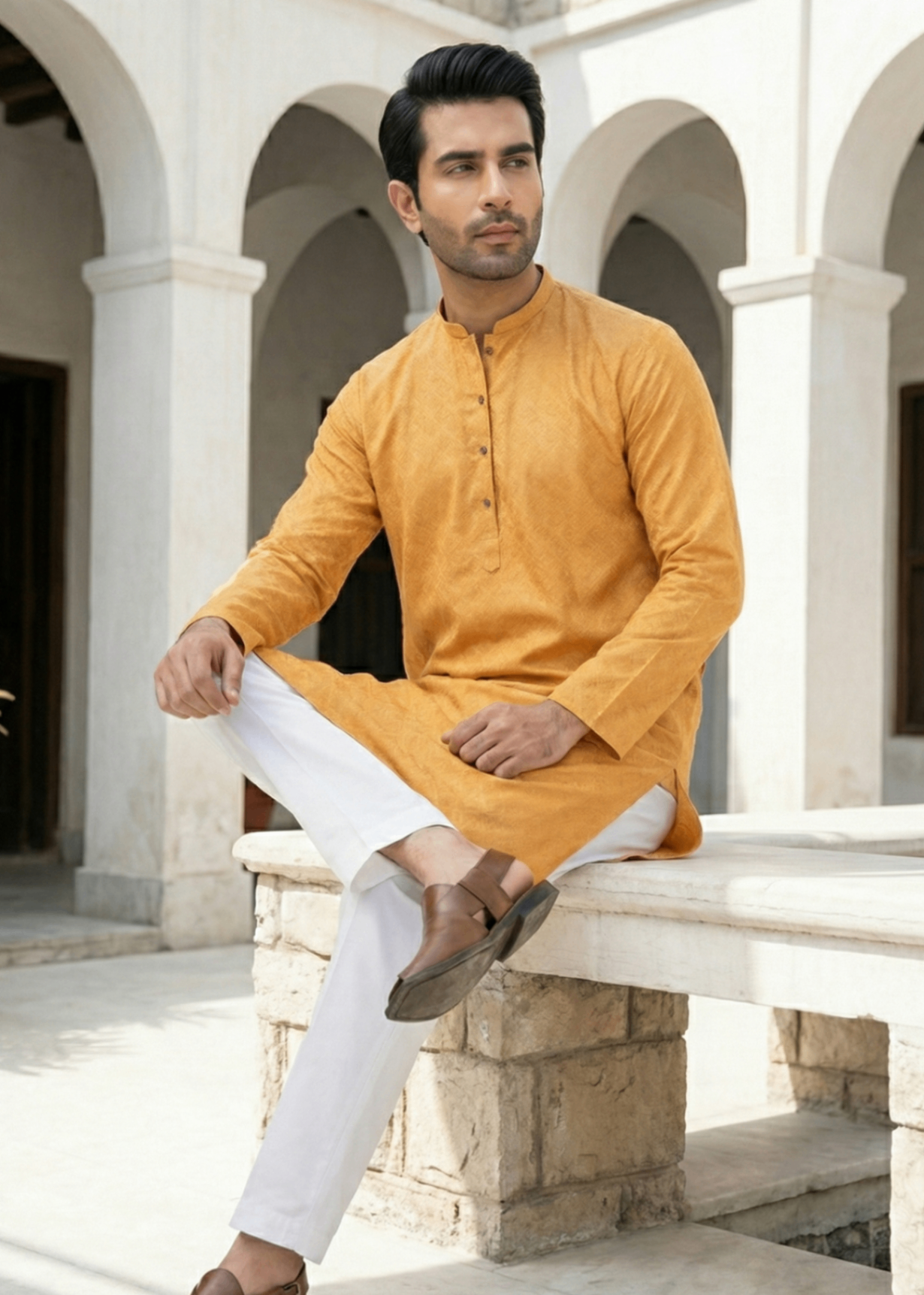 cotton jamawar Kurta in Mustard, yellow
