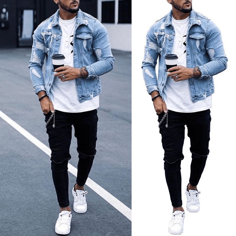 Lapel Men'S Denim Jacket Ripped Irregular Washed Jacket