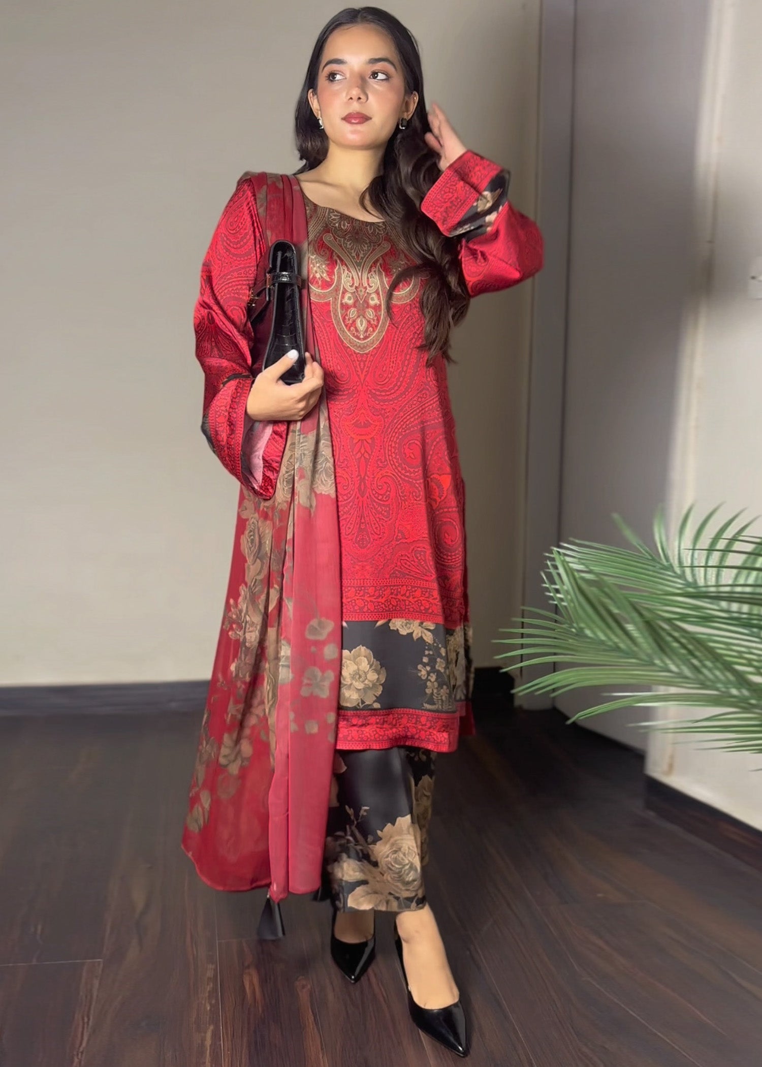 satin silk Kurta Set in Red