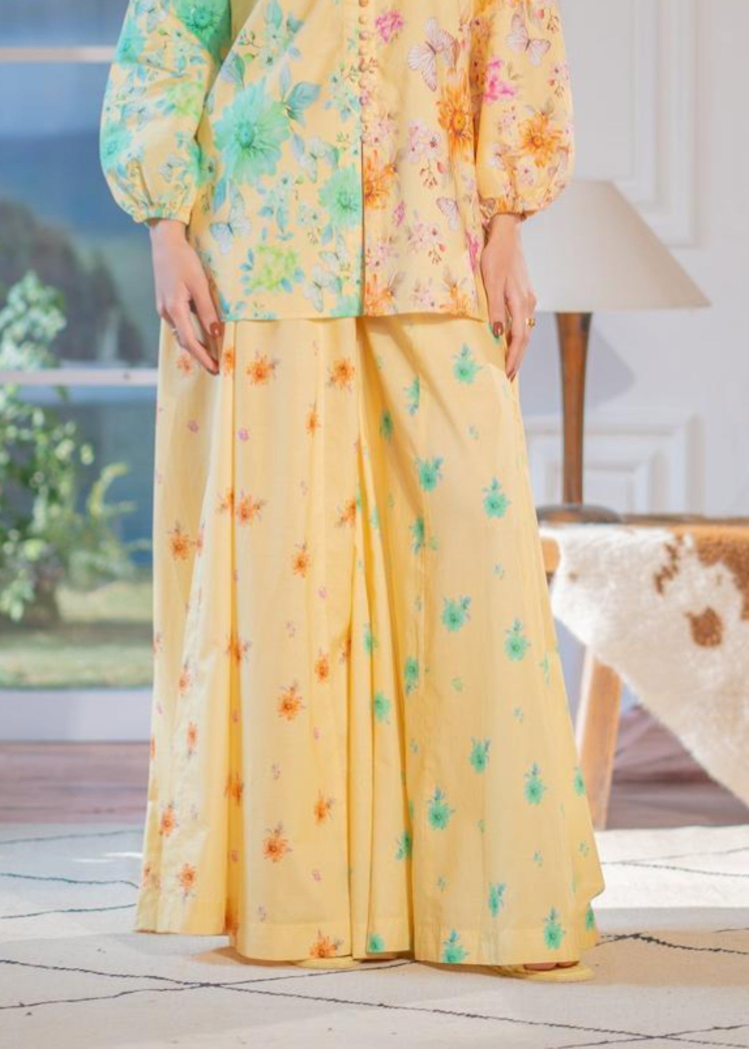 poly lawn Kurta Set in Mellow yellow