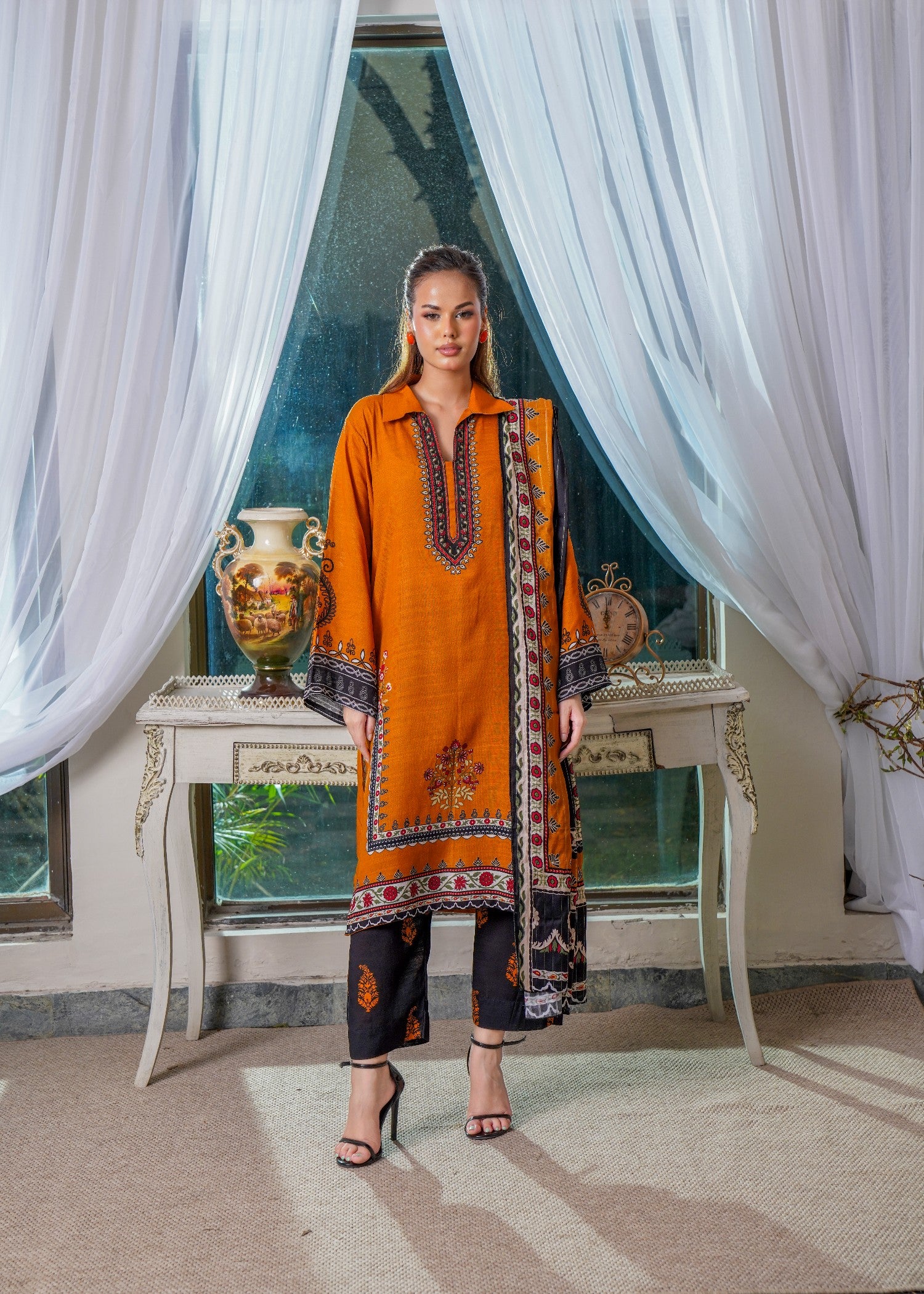 slub khaddar Unstitched in Tangerine