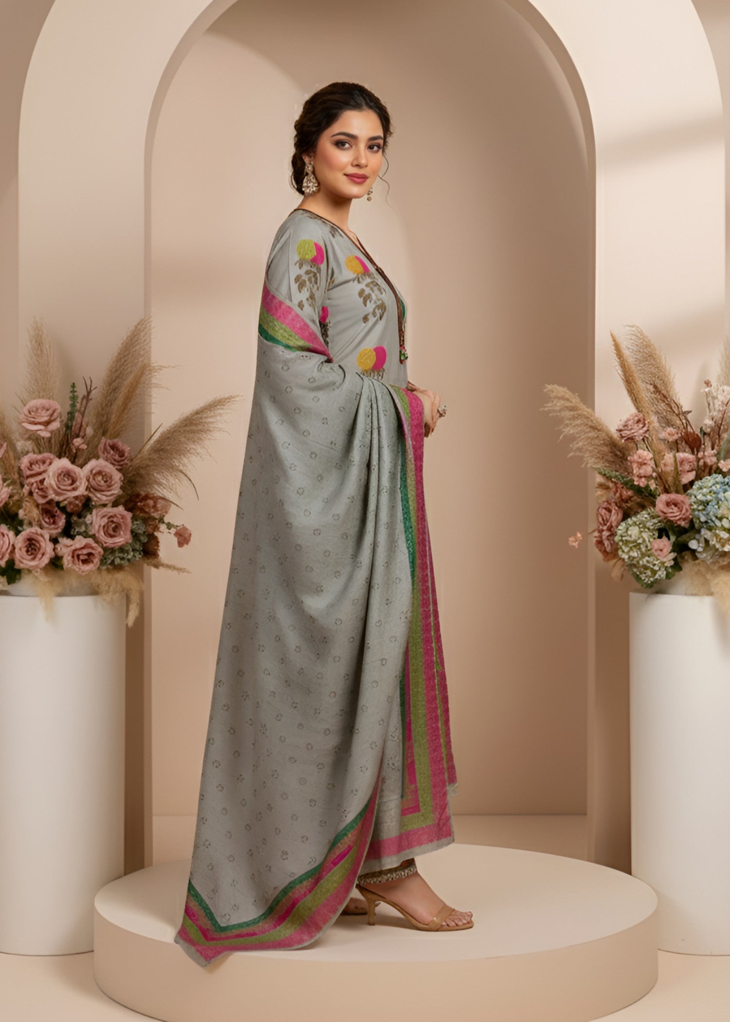 crepe Kurta Set in Grey