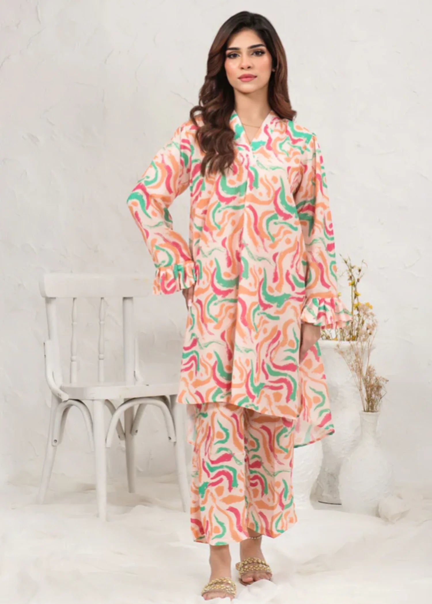 swiss lawn Co Ord Sets in Peach orange