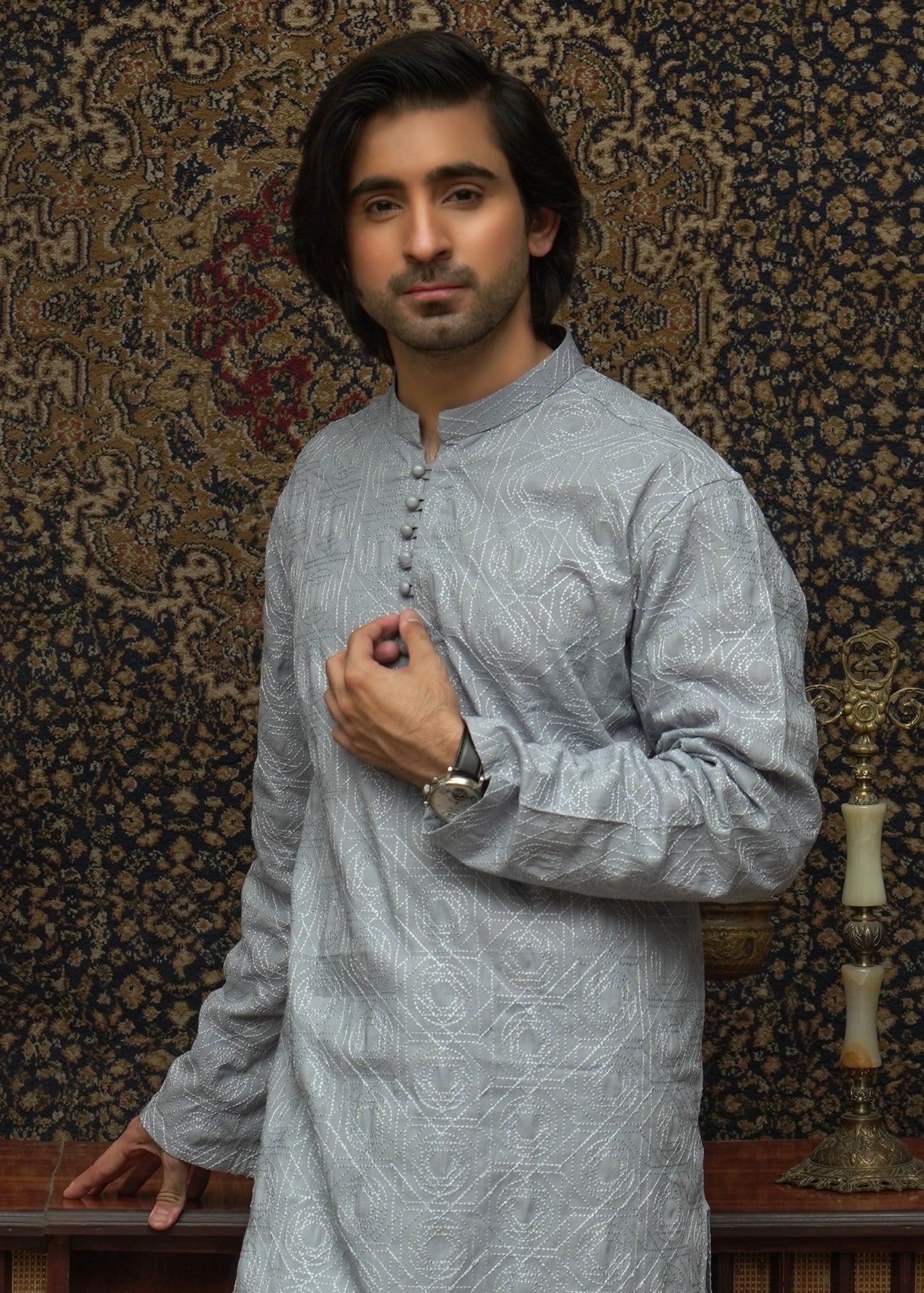 cotton Kurta Set in Steal grey
