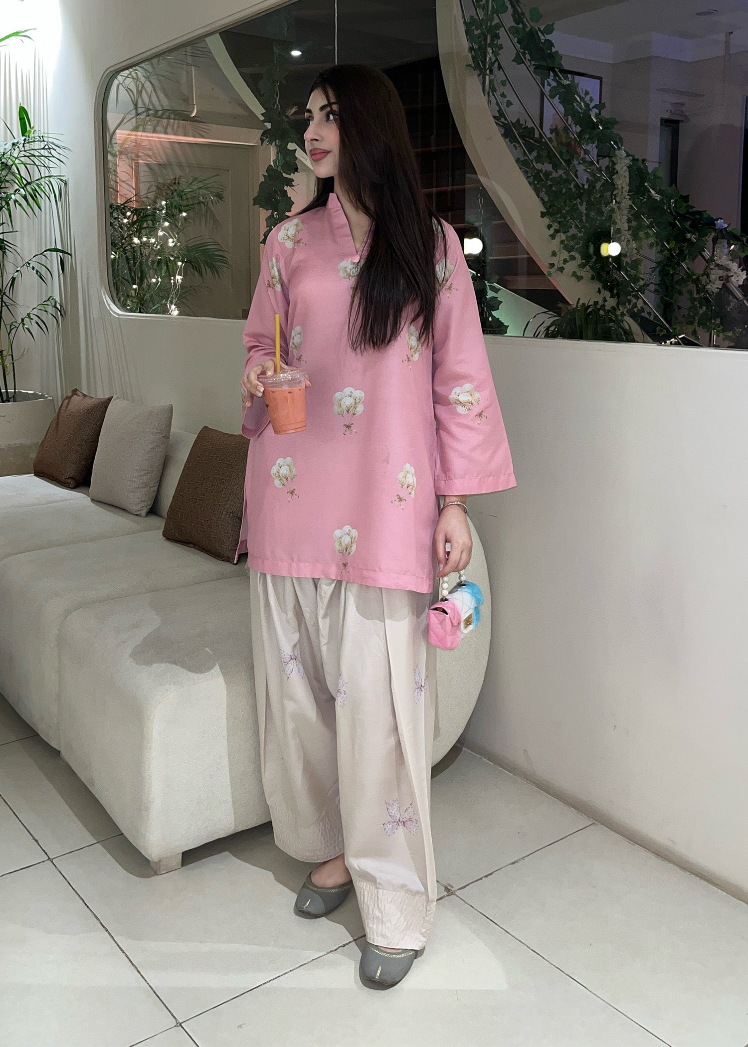 silk finish lawn Kurta Set in Pink