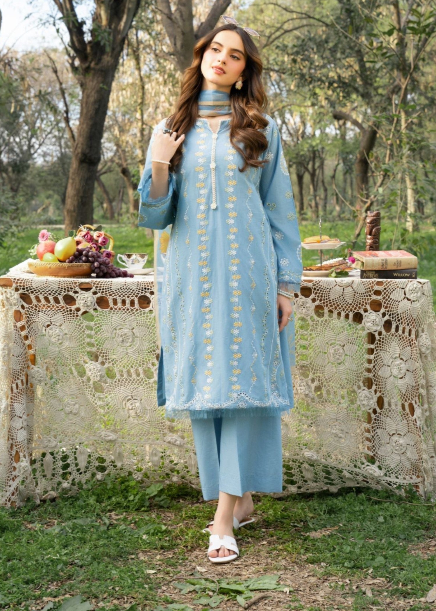 lawn Kurta Set in Powder blue