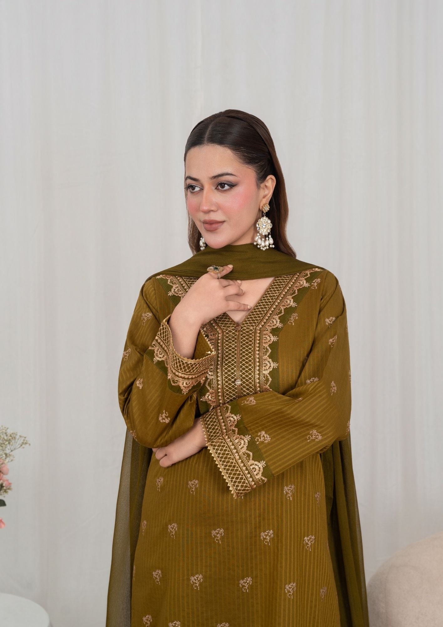 lawn Kurta Set in Golden brown