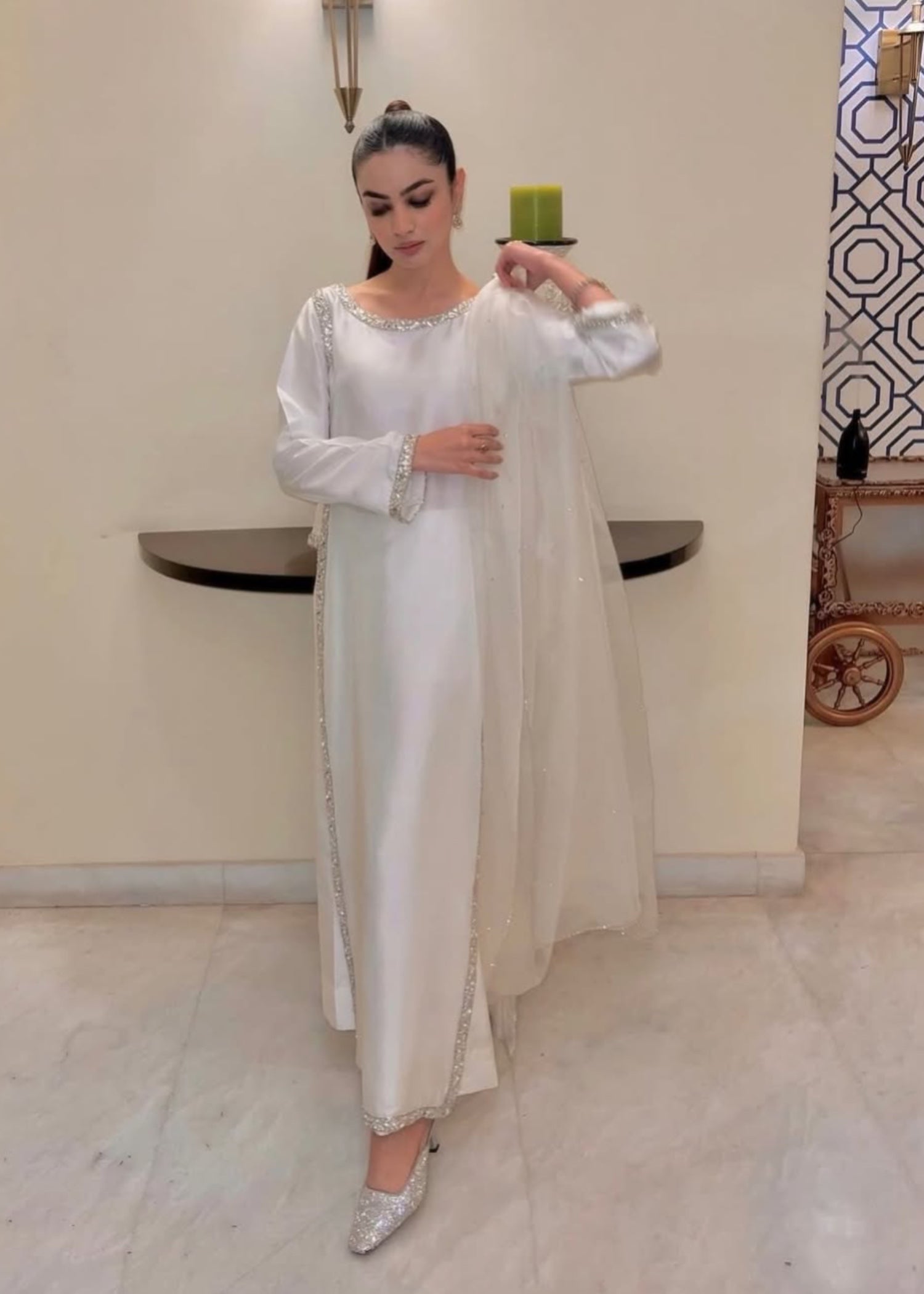 silk Kurta Set in White