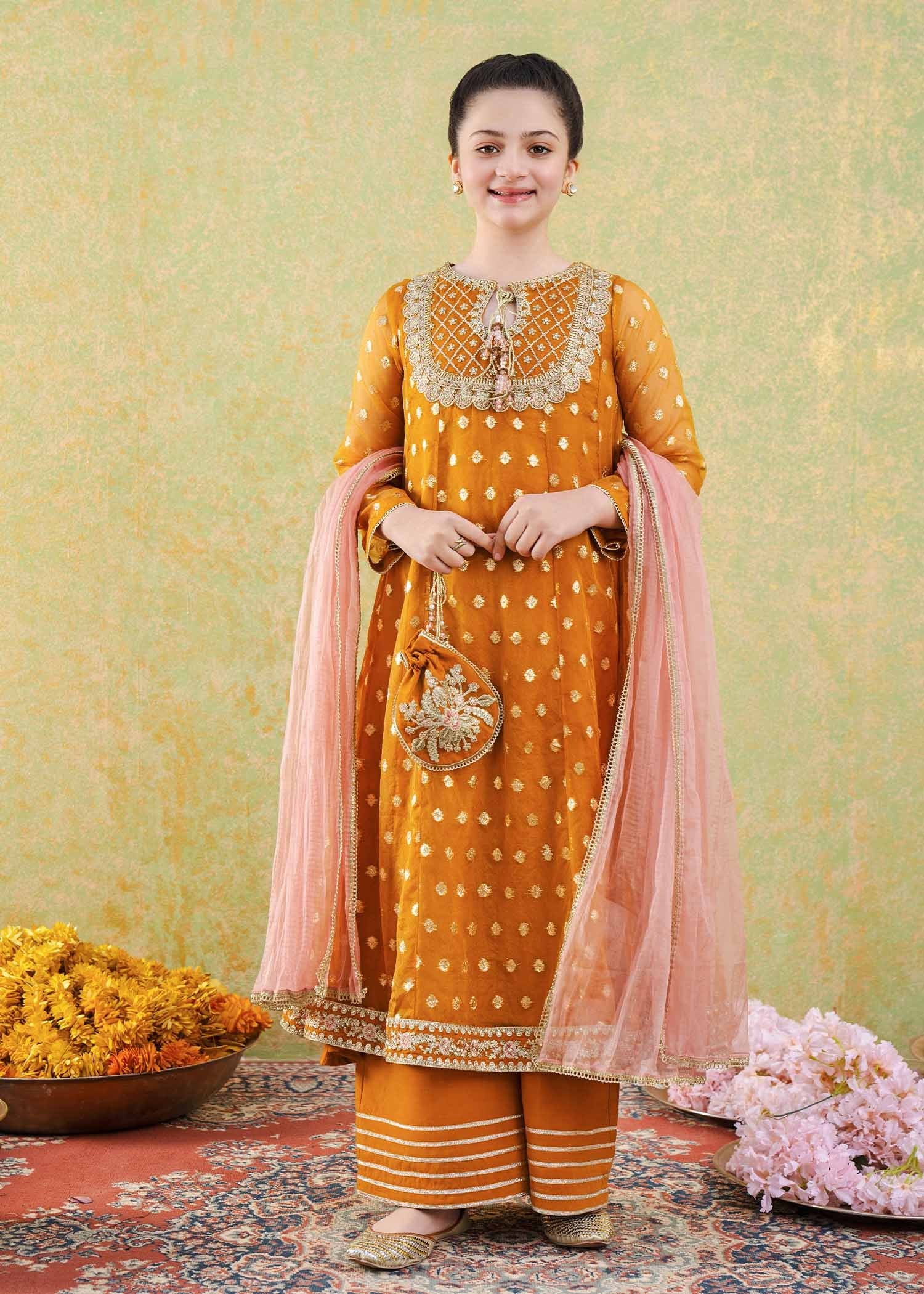 zari organza Pishwas in Mustard