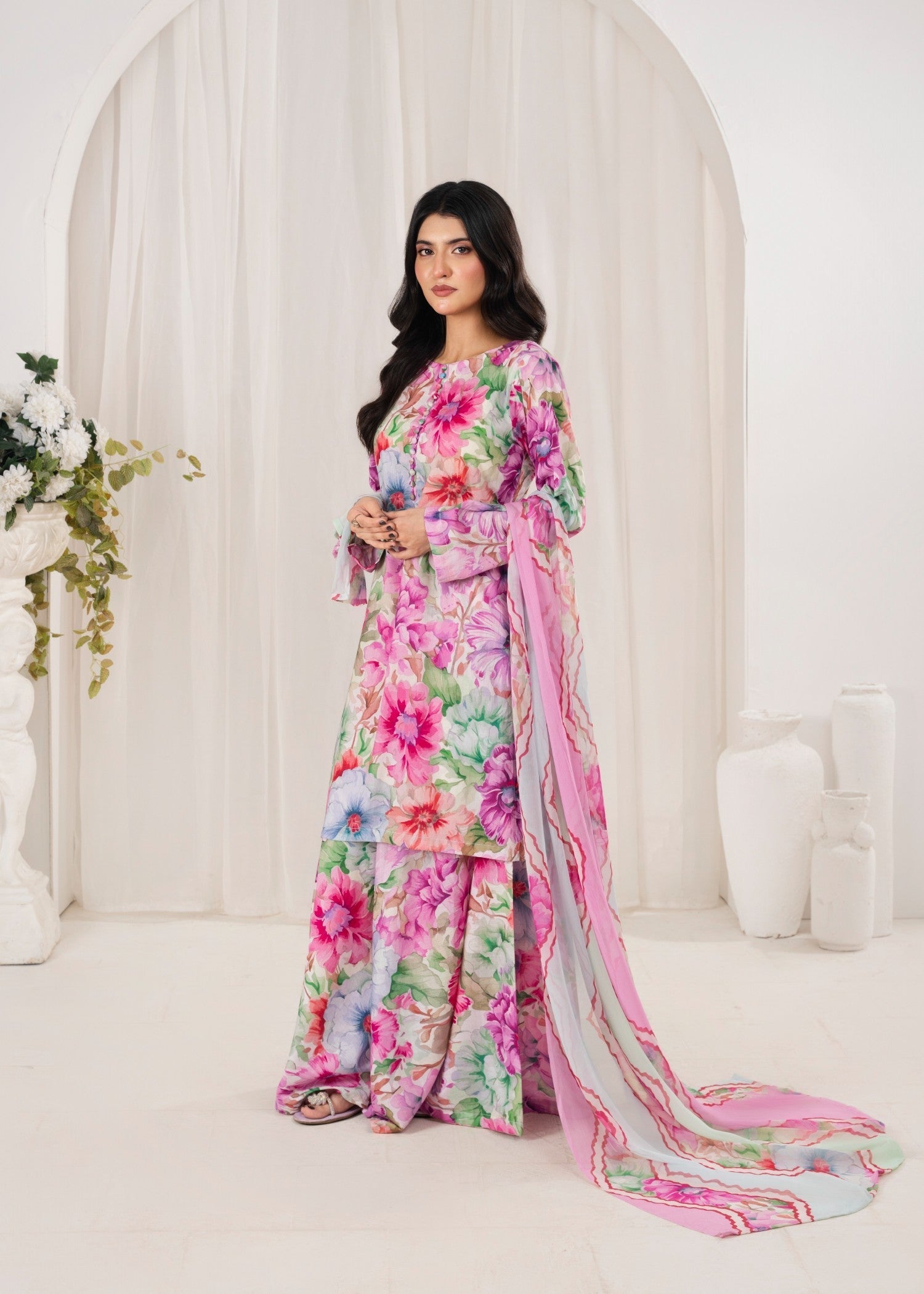 lawn Sharara in Hot pink