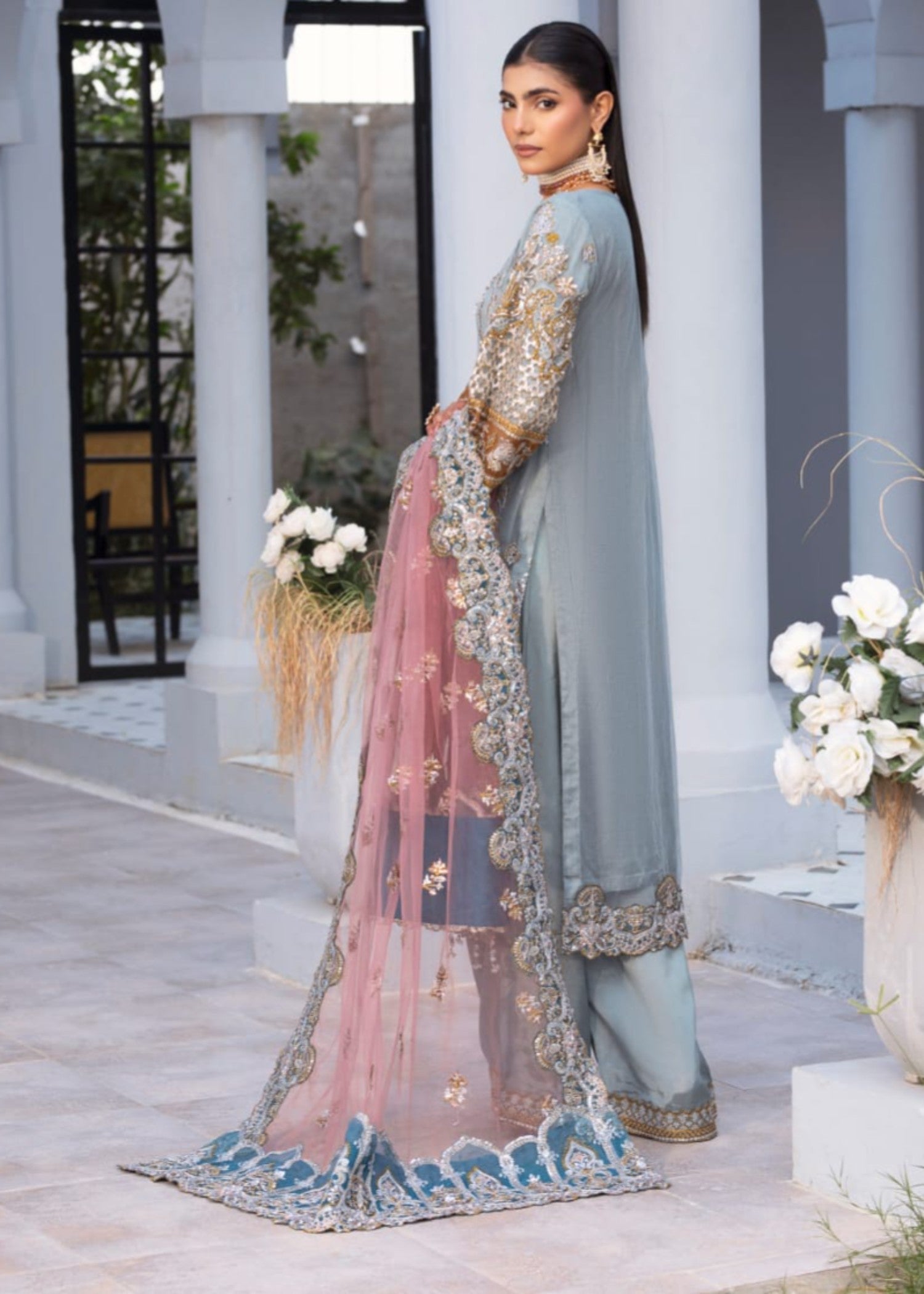 net Kurta Set in Slate grey