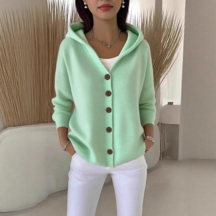 Ins Button Hooded Sweater Fashion Autumn And Winter Knitted Cardigan Casual Commuter Long Sleeve Top Women's Clothing