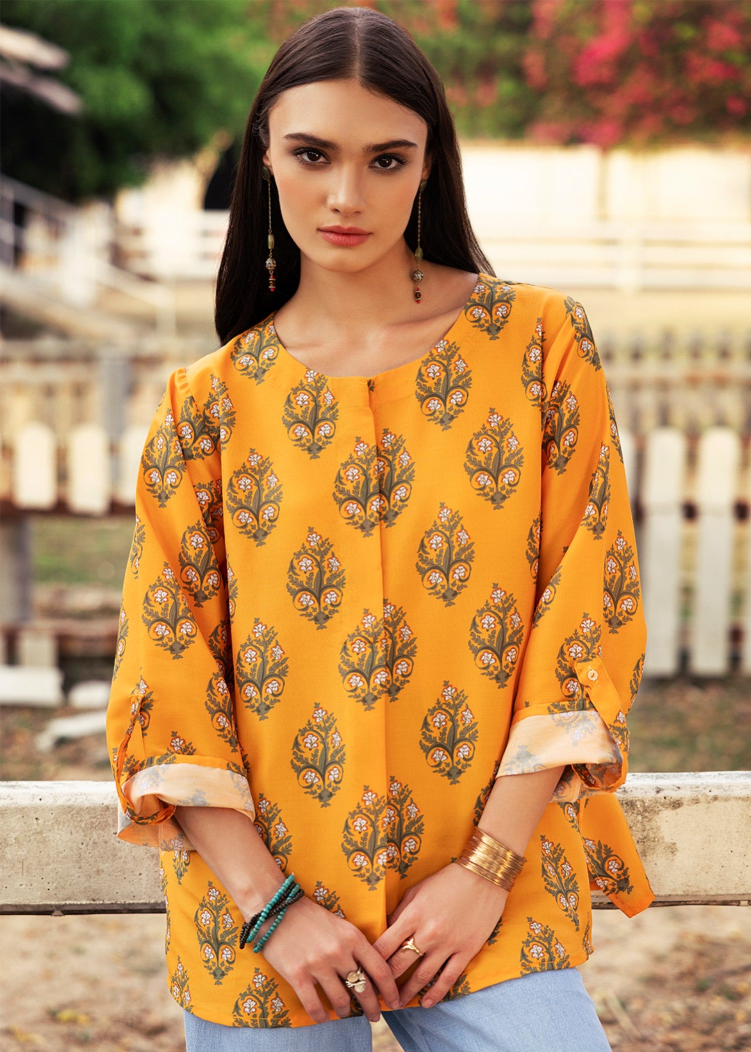 silk finish lawn Top in Orange