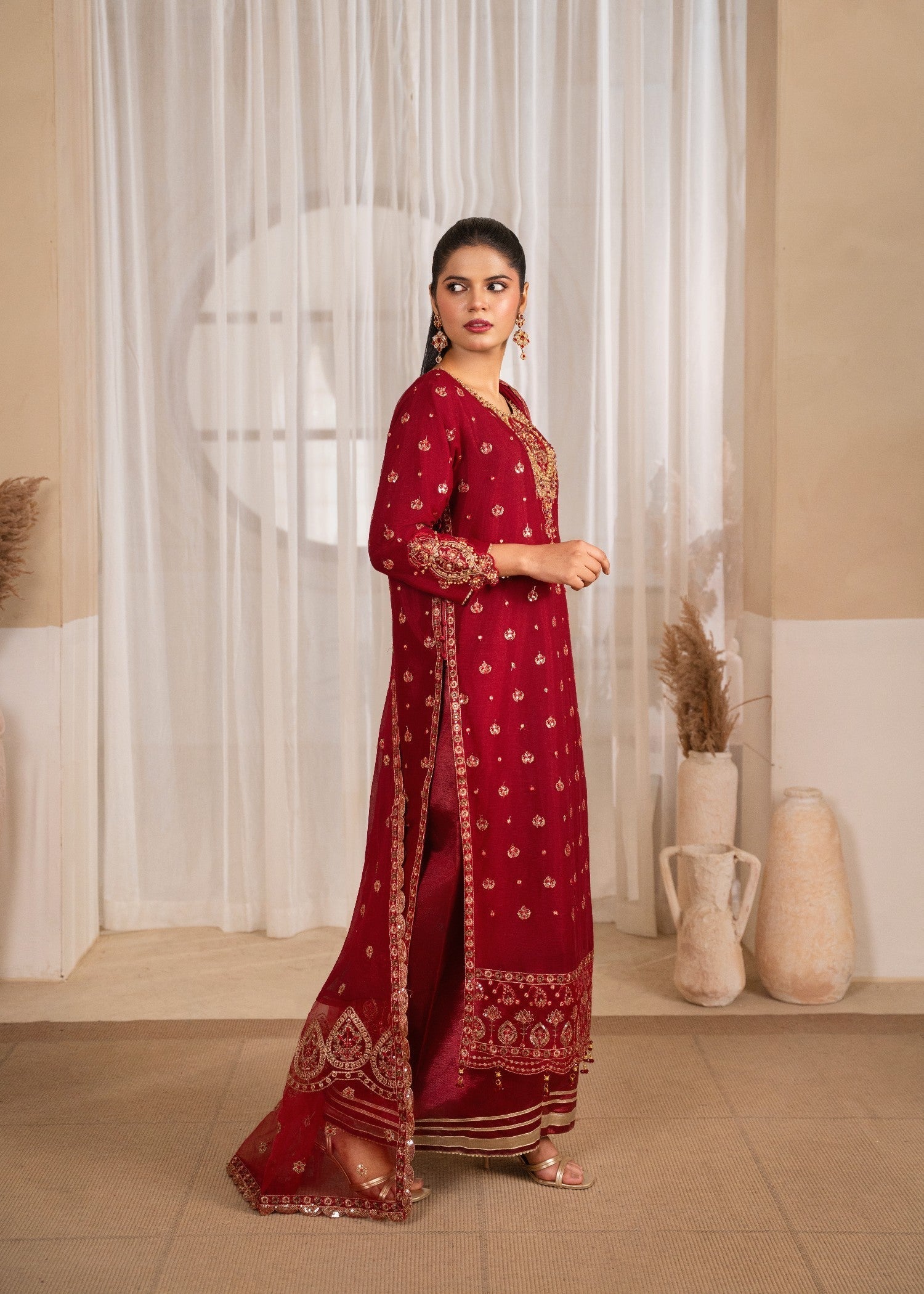 chiffon Kurta Set in Berry red