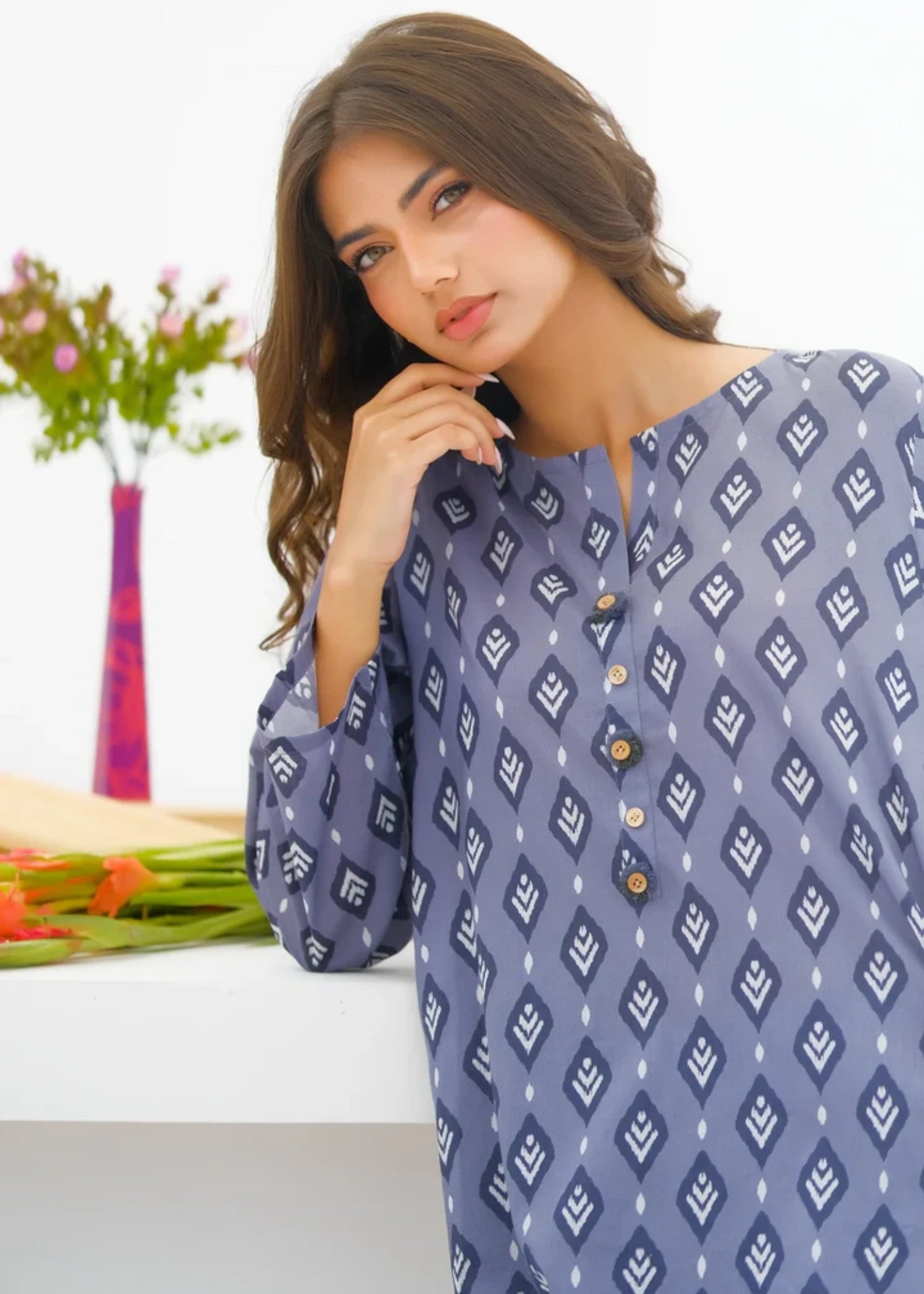 lawn Kurta Set in Steel teal
