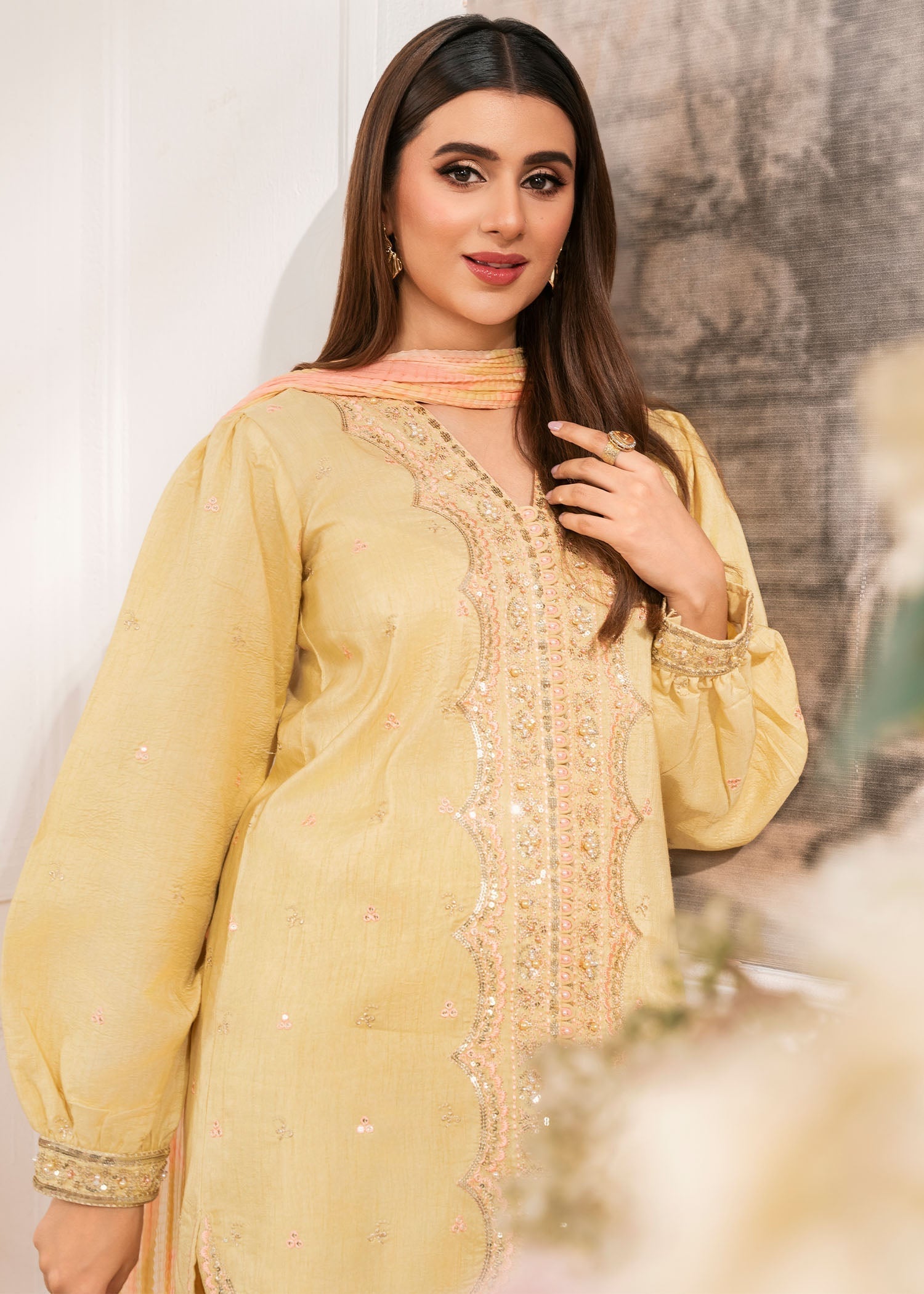 raw silk Kurta Set in Light yellow