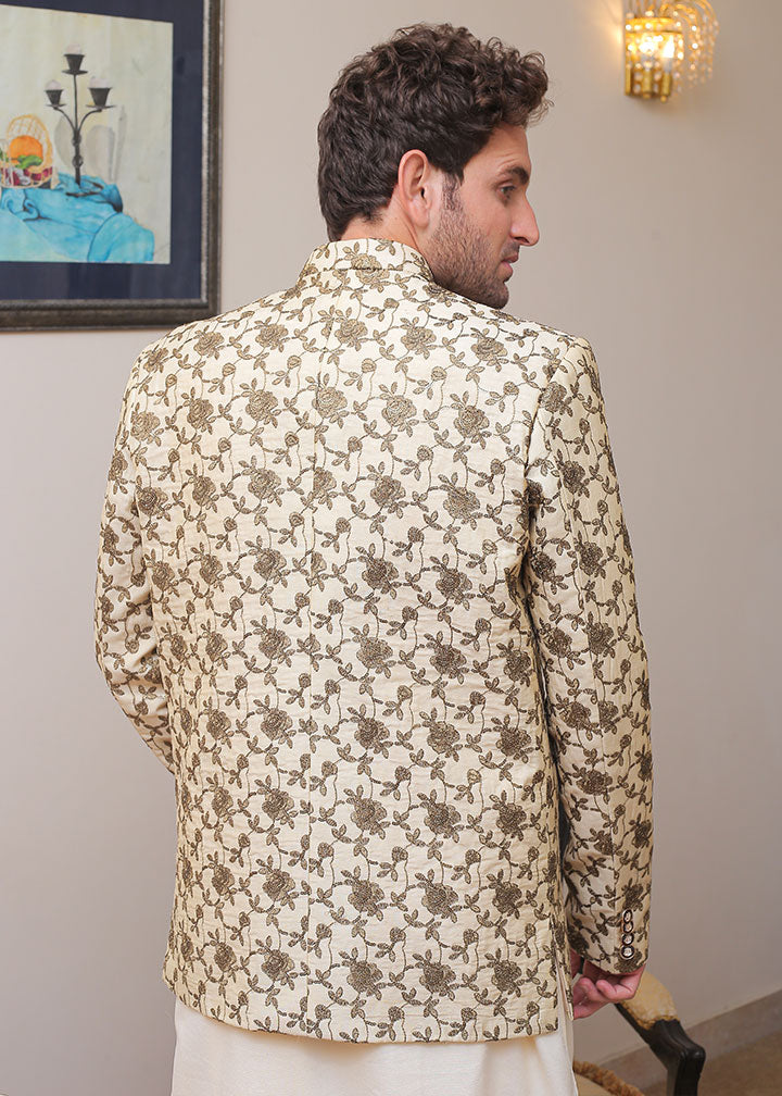 banarsi silk Prince Coat in Cream